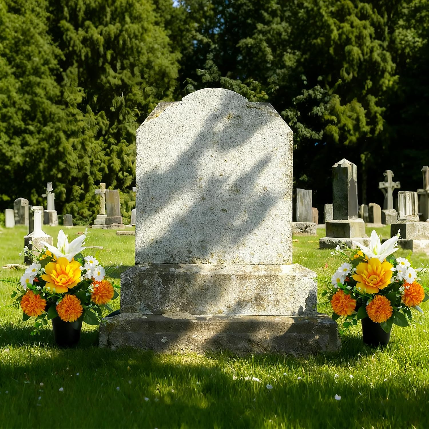 Artificial Grave Flowers In Pots, Potted Artificial Chrysanthmums Lily Daisy Flowers For Home Decor, Outdoor Cemetery Funeral Grave Decoration (1Piece, Orange&White)