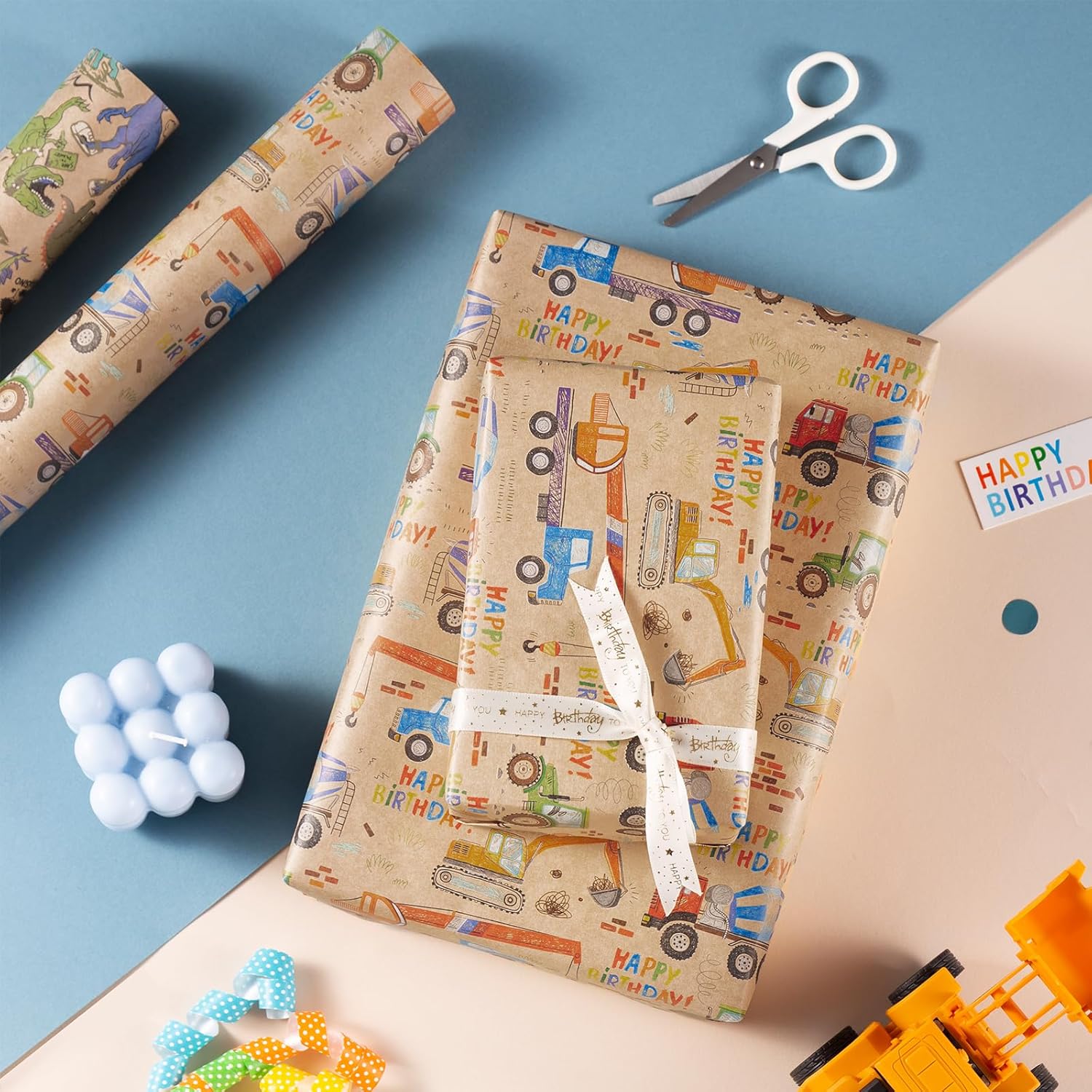 Mini Roll Wrapping Paper - Cartoon Truck & Happy Birthday Text Design Kraft Wrap Paper, Great For Kids Boys Birthday, Truck Party - 17 Inches X 32.8 Feet