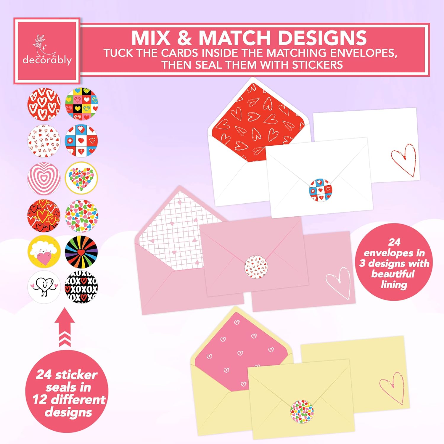 24 Pack 4X6In Blank Valentines Cards For Adults With Envelopes And Stickers, 12 Charming Heart Designs For Kids, Loved Ones, Family, Friends - Gifting Mailing
