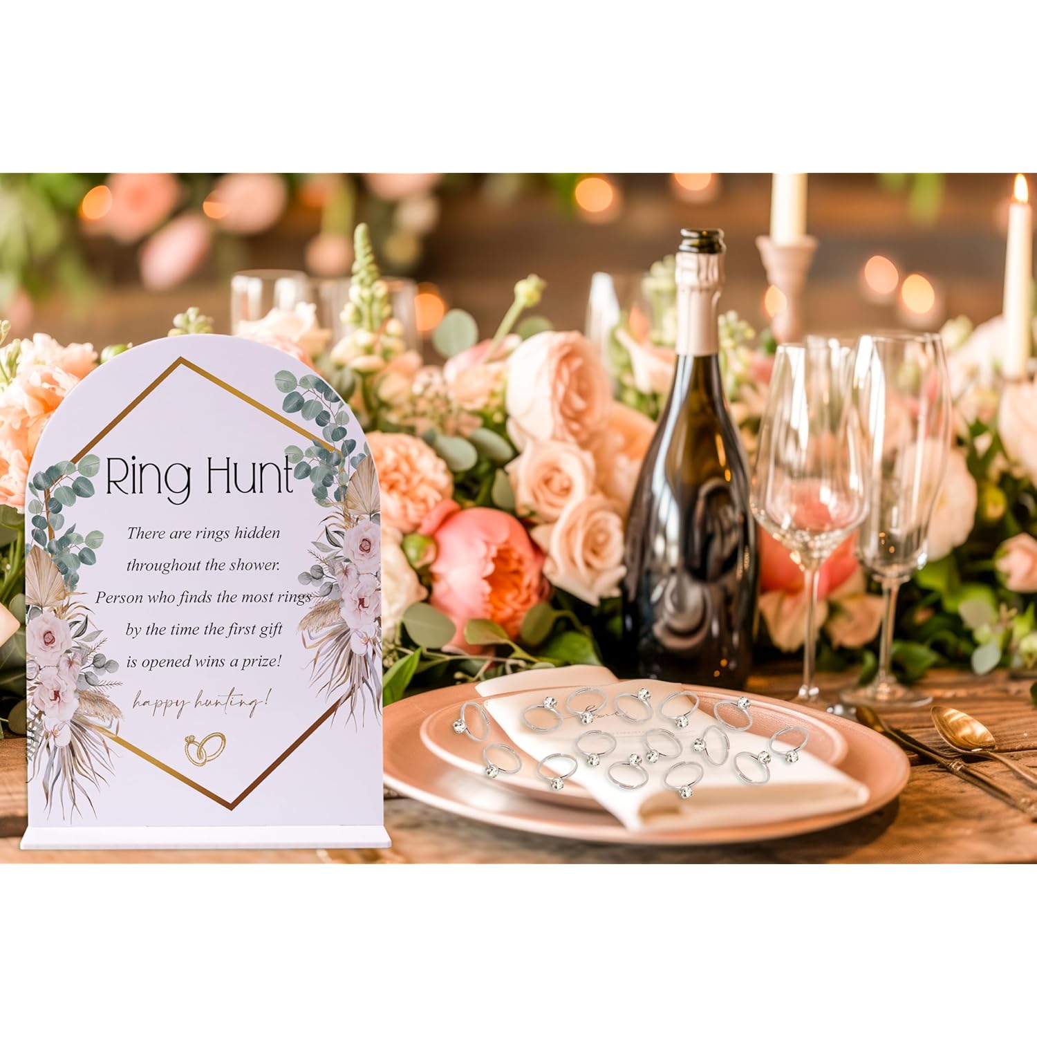 Rose Bridal Shower Party Ring Scavenger Hunt, The Ring Hunt Game, 1 Sign & 30 Rings, Bridal Shower Decoration, Wedding Party Games(Xzjz11)