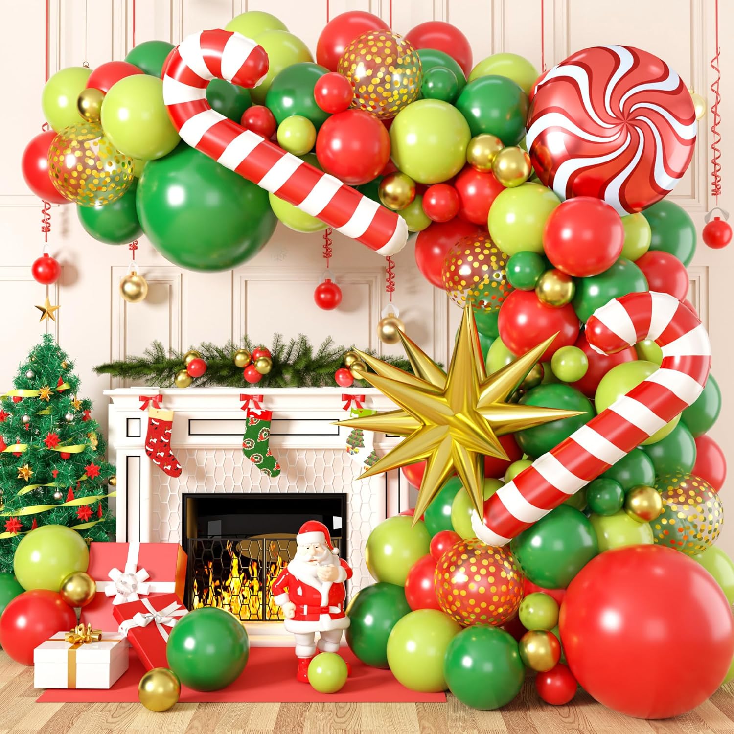 Christmas Balloon Garland Kit, Red Green Christmas Balloon Arch Kit With Metallic Gold Balloons Star Candy Cane Christmas Foil Balloon For Christmas Party Decorations New Year Party Supplies