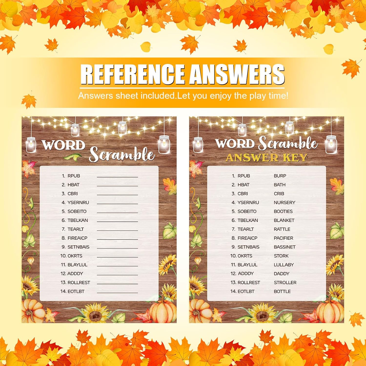 142 Pcs Thanksgiving Baby Shower Games Set - 130 Fall Baby Shower Game Activity Cards With 12 Pencils For Thanksgiving Pumpkin Autumn Party Favors - Rustic Gender Reveal Party Neutral