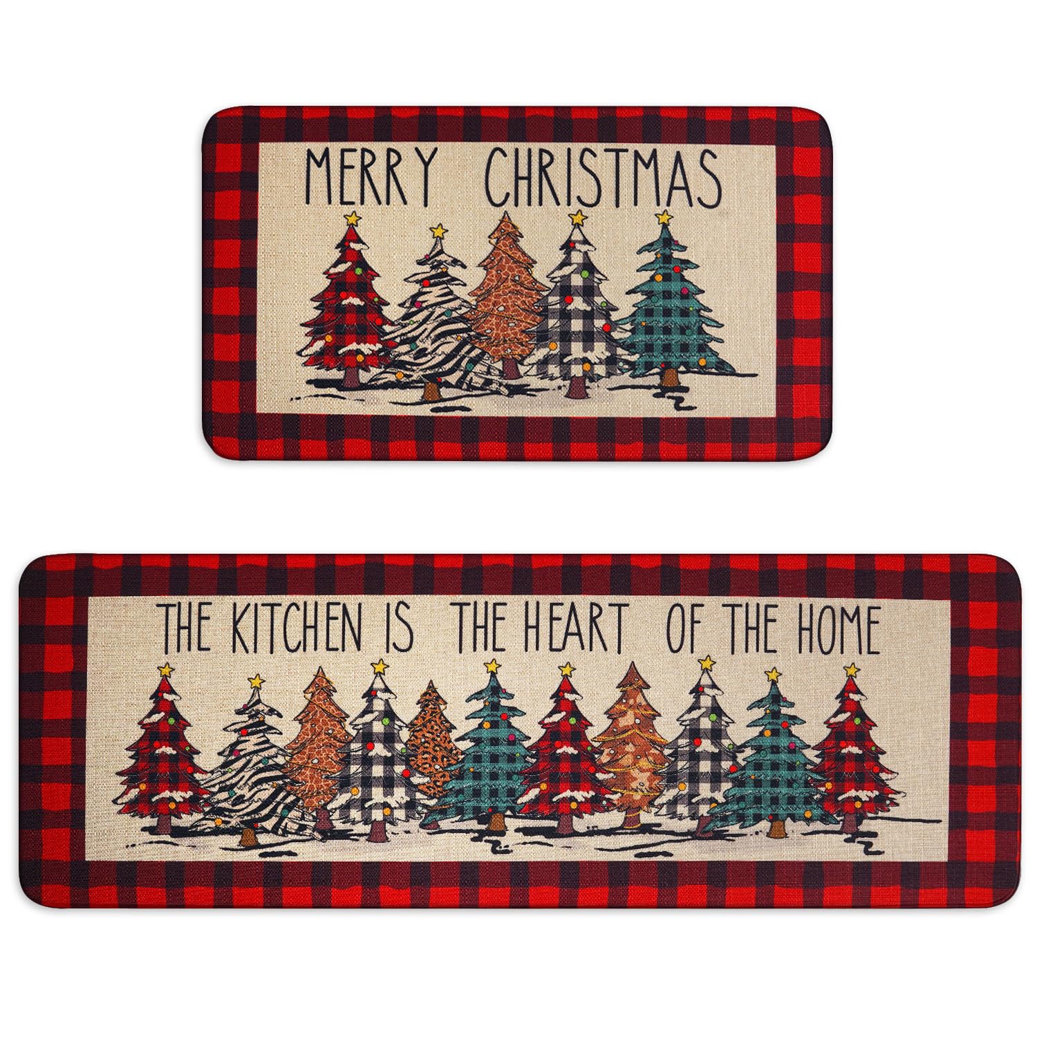 Buffalo Plaid Christmas Tree Merry Christmas Kitchen Mats Set Of 2, Xmas Winter Home Decor Low-Profile Kitchen Rugs For Floor,Red Christmas Kitchen Mats For Floor 17X30+ 17X47 Inch