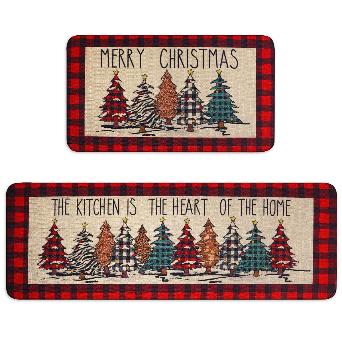 Buffalo Plaid Christmas Tree Merry Christmas Kitchen Mats Set Of 2, Xmas Winter Home Decor Low-Profile Kitchen Rugs For Floor,Red Christmas Kitchen Mats For Floor 17X30+ 17X47 Inch