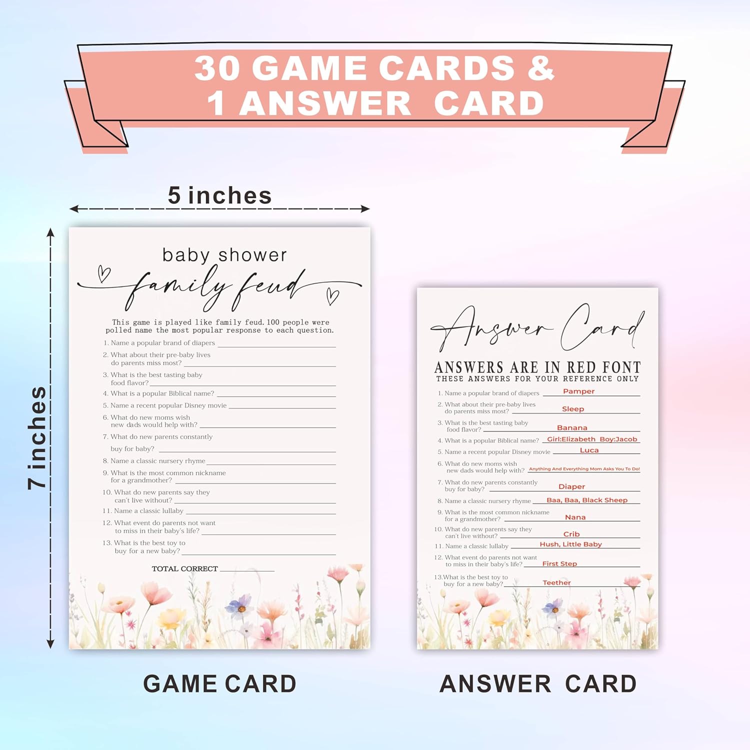 5X7 Inch Baby Shower Game Cards With Answer Card- 50 Pack Baby Family Feud - Pink Floral Watercolor Design For Girls, Funny Gender Reveal Party Favor,Party Game & Activities (A06)