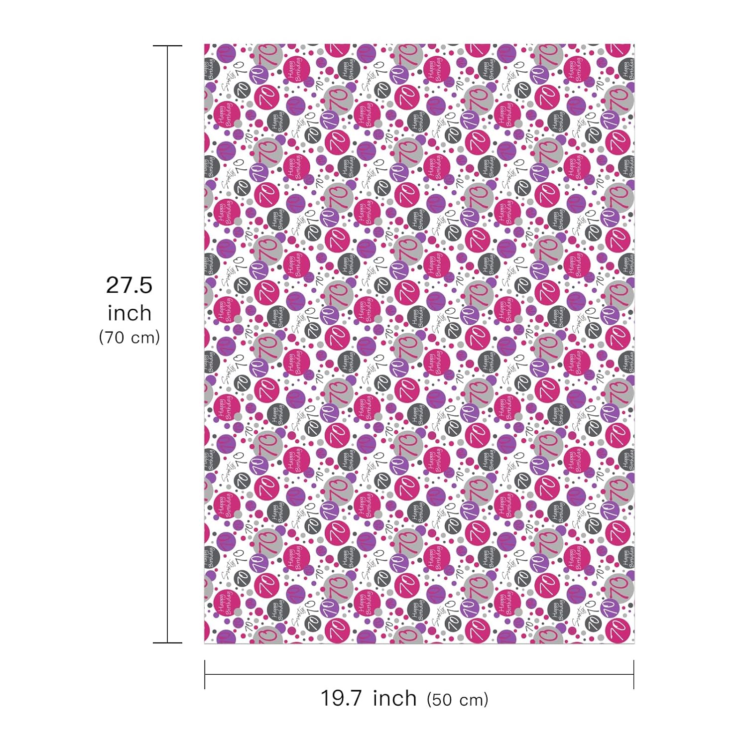 Birthday Wrapping Paper Sheet - 6 Sheets Pink 70Th Birthday Design Folded Flat For Bday, Party, Baby Showers - 19.7 Inch X 27.5 Inch Per Sheet