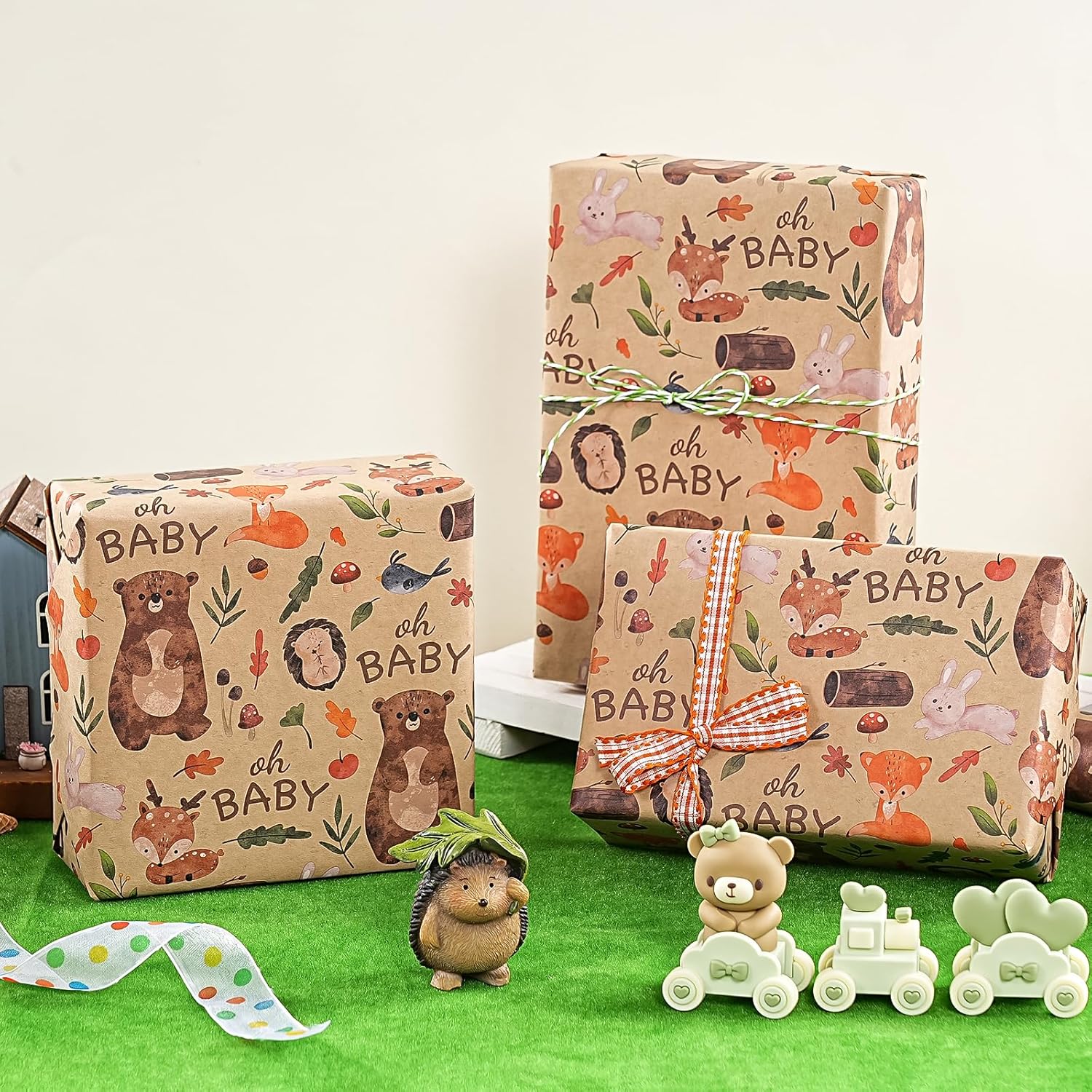 Kraft Jungle Baby Shower Wrapping Paper Roll - Mini Roll - 17 Inch X 16.5 Feet - Oh Baby And Little Woodland Animal Wrapping Paper For Baby Shower, Kids Girls Boys Birthday