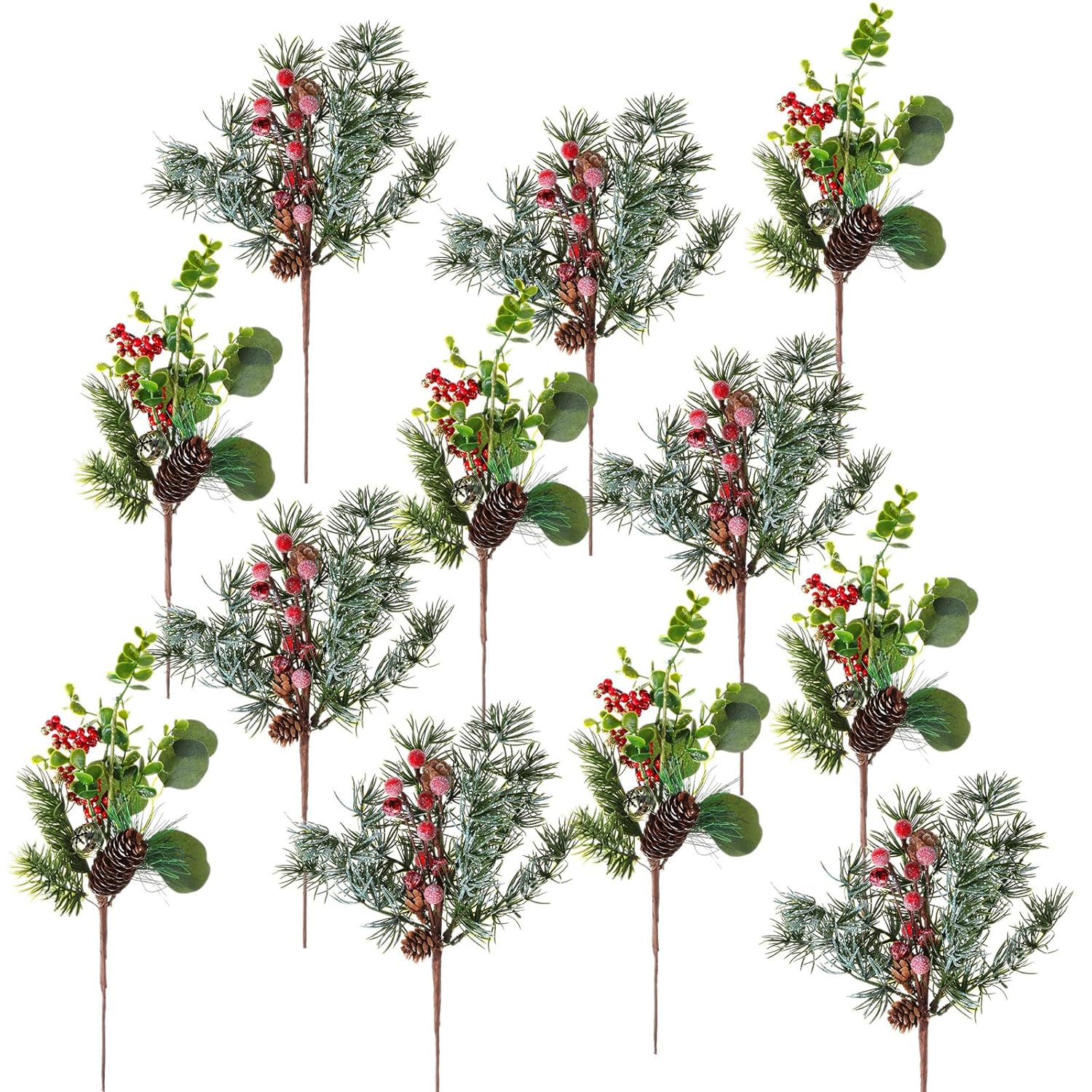12 Pcs Artificial Christmas Picks Red Berry Pine Picks 12 Inch Berry Branches Holly Pine Flower Pick Berry Pine Cones For Christmas Crafts Winter Holiday Decoration