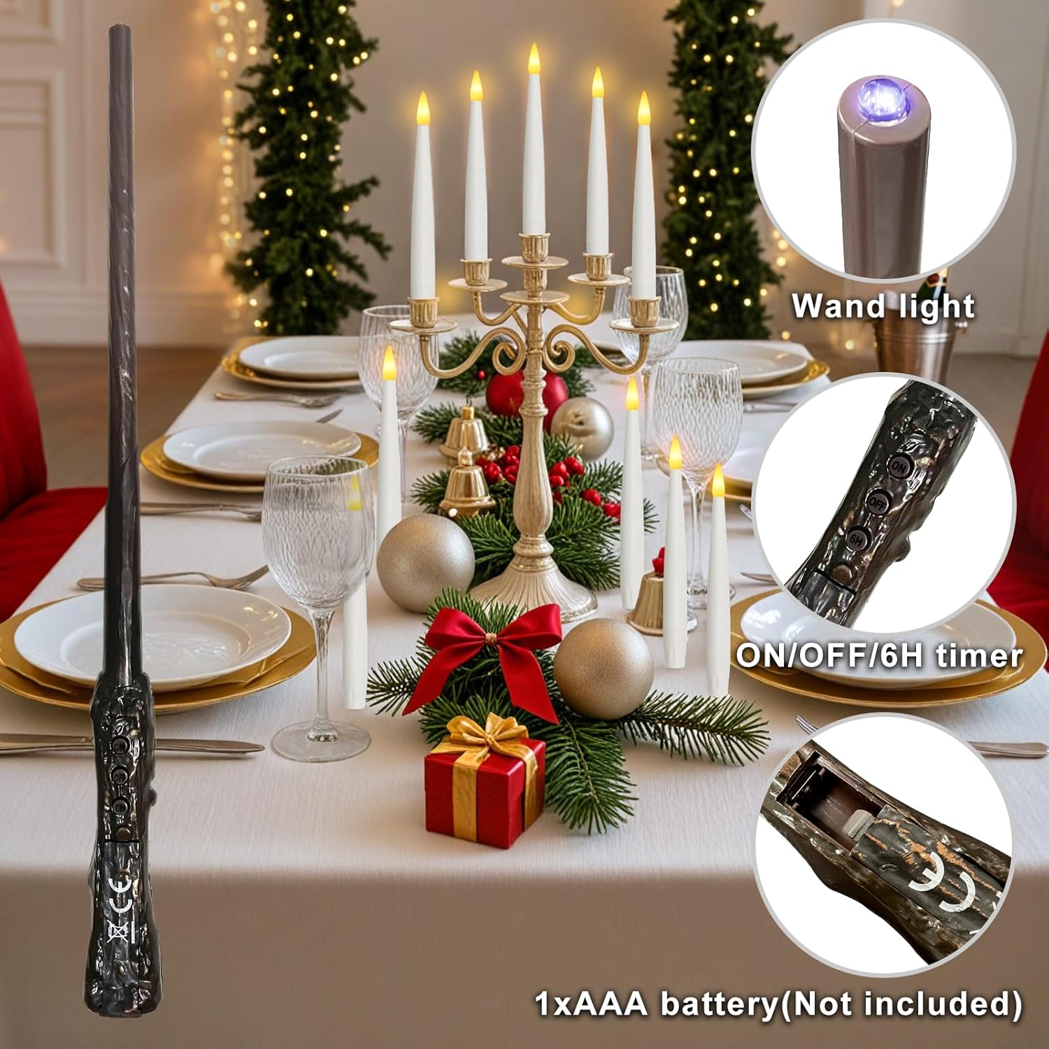 Christmas Tree Candles With Magic Wand 12 Pack Flameless Candles For Christmas Tree Flickering Battery Operated Led Candle For Holiday Home Party Decor With Crystal Ball Hook