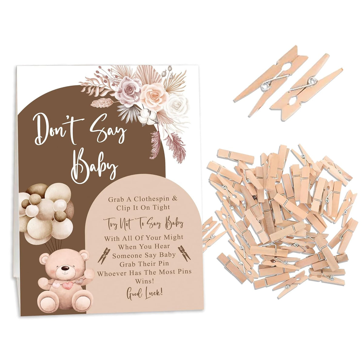 Boho Bear Baby Shower Games, Don'T Say Baby Game For Baby Shower (One Sign With 50 Mini Clothespins), Floral Bear Balloon Theme Baby Shower Decorations, Gender Reveal Game-Dsbb19