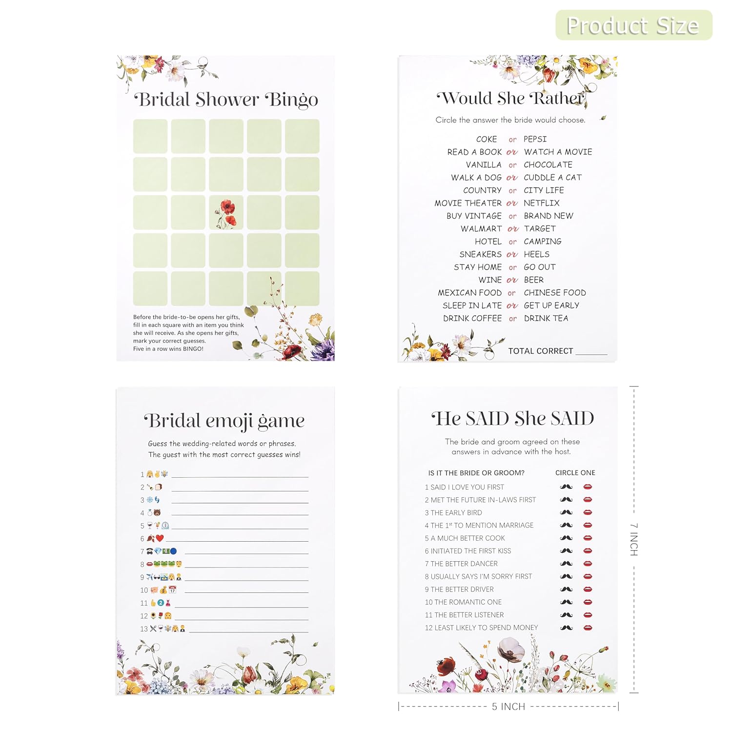 4 Fun Bridal Shower Games For 60 Guests - Wedding Games Includes Bingo, Emoji Guessing, Bride Trivia(Would She Rather), He Said She Said Bridal Game, Love Is In Bloom Wildflower Design