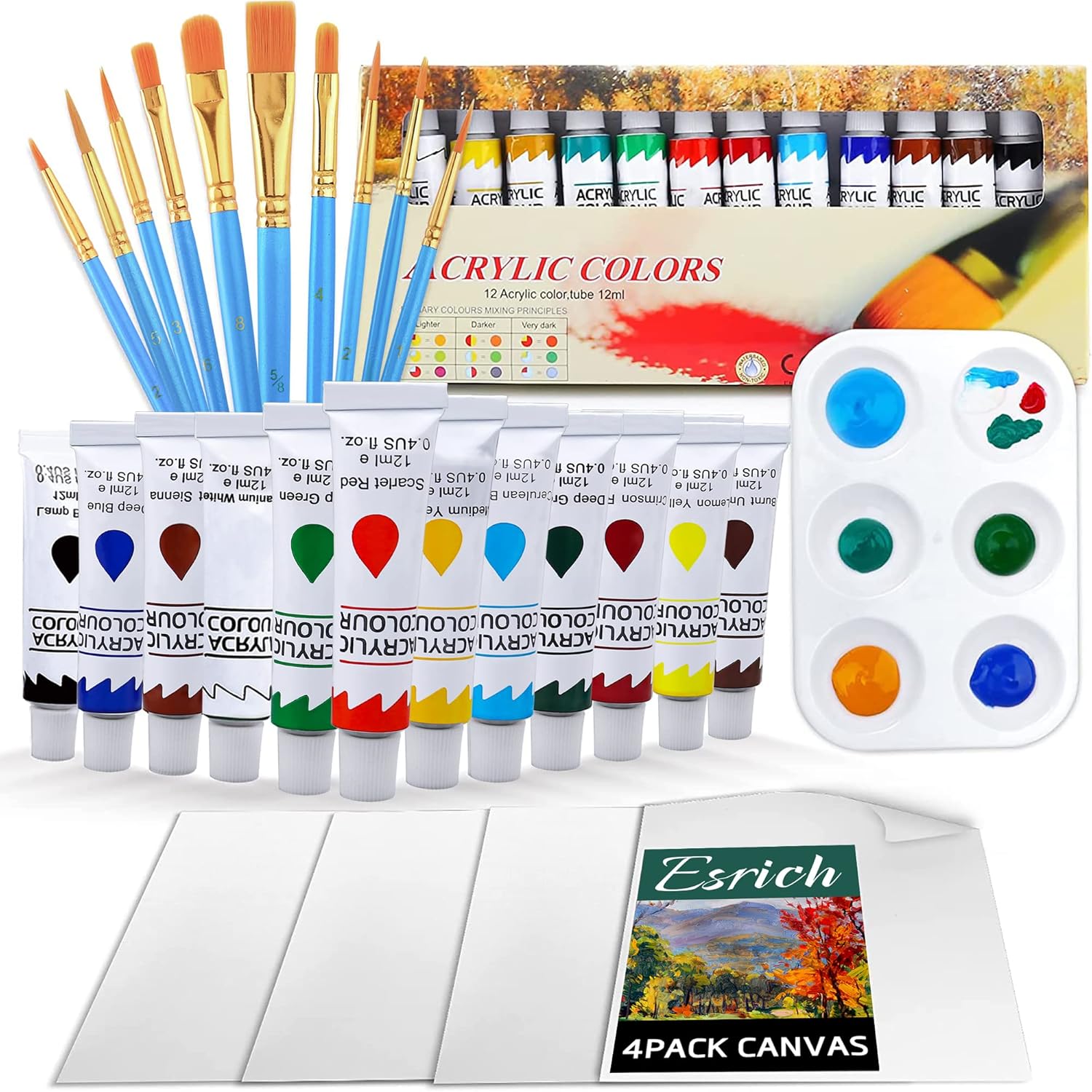 Acrylic Paint Set,Paint Set With 10 Paint Brushes12 Color 12Ml Acrylic Paint,1 Palettes And 4 Pcs Canvas For Students, Artists And Beginner Art Supplies