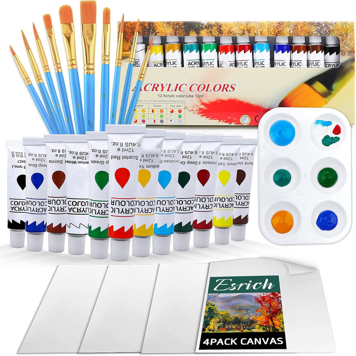 Acrylic Paint Set,Paint Set With 10 Paint Brushes12 Color 12Ml Acrylic Paint,1 Palettes And 4 Pcs Canvas For Students, Artists And Beginner Art Supplies