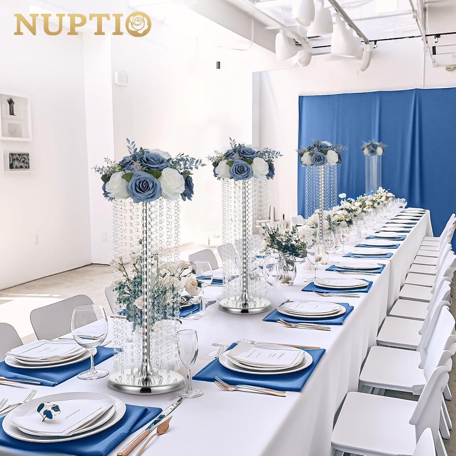 Flower Ball Centerpieces For Tables: Dusty Blue & White Artificial Rose Fake Floral Arrangement For Wedding Party Centerpiece Decorations 9.4 Inch Diameter 2 Pcs