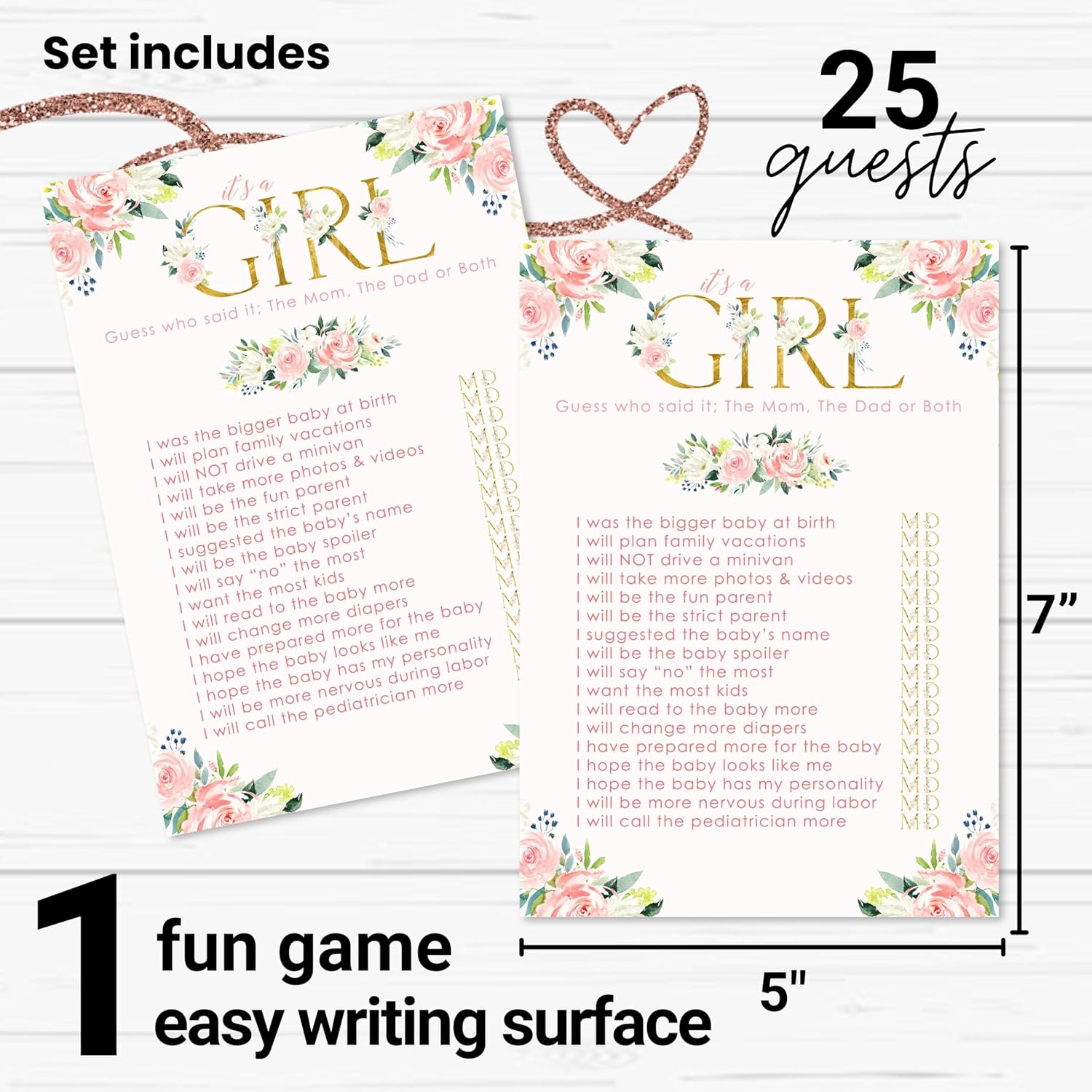 Oh Girl Baby Shower Games Hilarious - 25 Guess Who Mommy Or Daddy Game Cards - Fun Guessing Activities For Guests - Rustic Floral Theme Pink And Gold