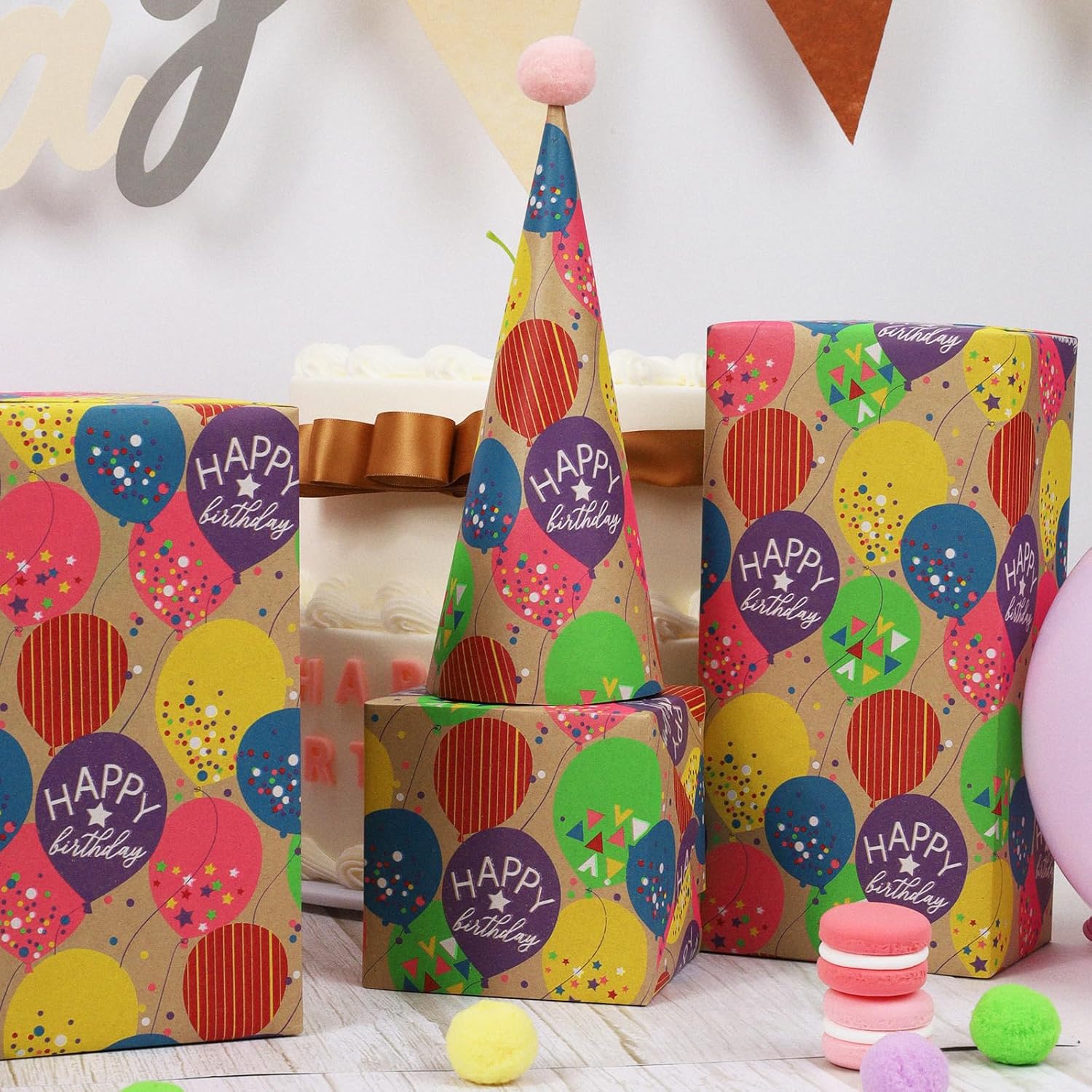 Birthday Wrapping Paper Roll For Kids, 30 Inch X 33 Feet (83 Sq. Ft. Ttl.) Kraft Gift Wrap Paper With Colorful Balloon Pattern For Baby Shower Holiday Party