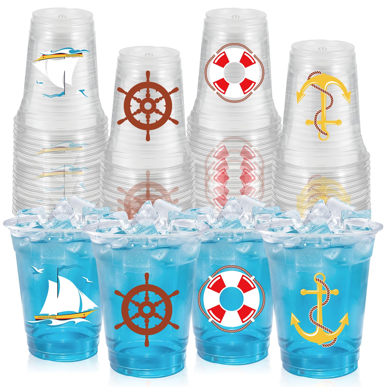 50 Pcs 12OZ Nautical Plastic Cups?Nautical Theme Birthday Party Cups Sailboat Anchor Lifebuoy Steering Wheel Print Beverage Drinking for Ocean Theme Party Supplies