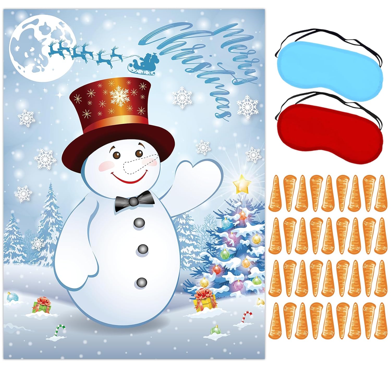 Pin The Nose On The Snowman Christmas Party Games, Christmas Party Decorations Include Large Poster With Blindfold 36Pcs Nose Stickers For Xmas Activities Holiday Party Supplies
