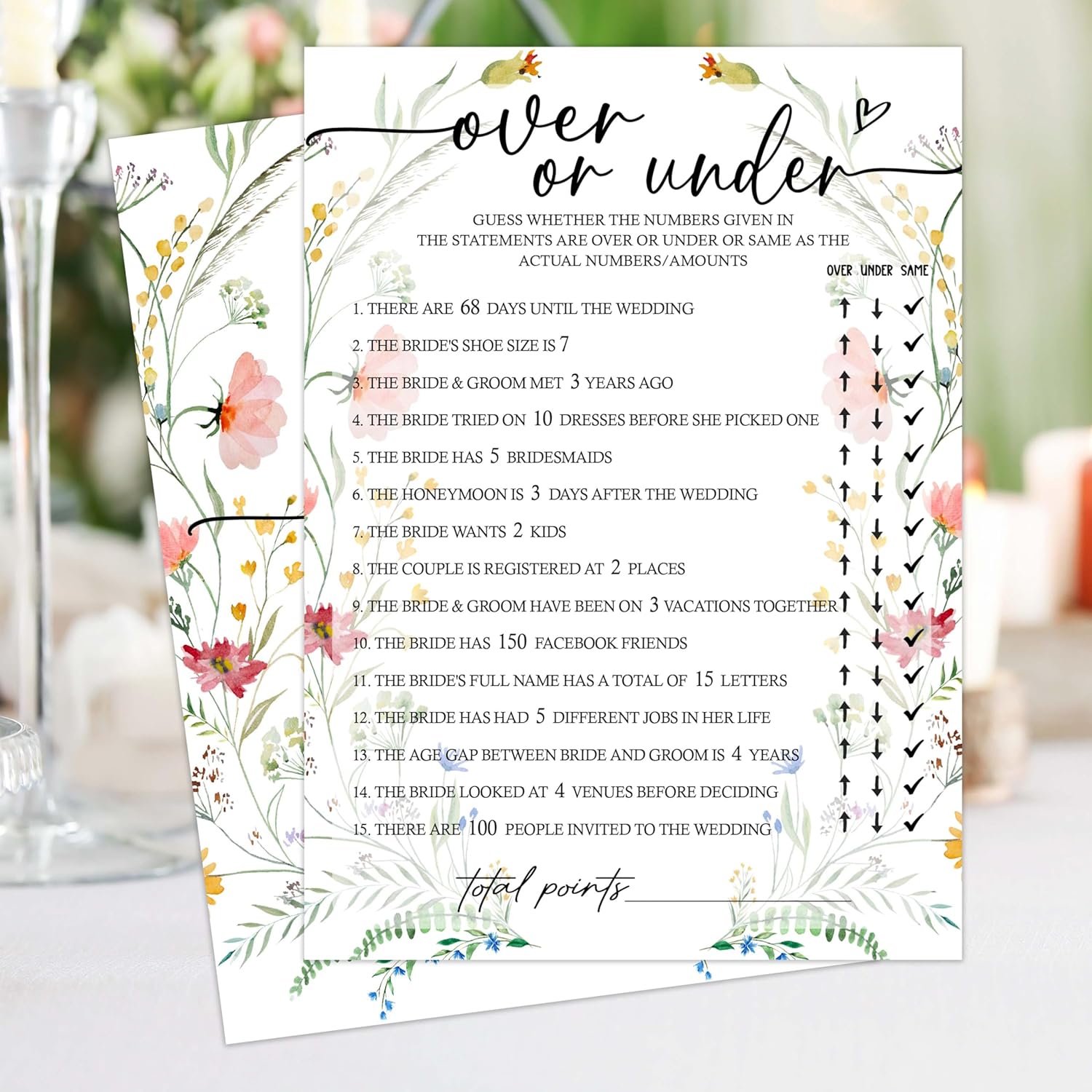 Wedding Shower Games, Guess Over Or Under, Floral Bridal Shower Game Cards 25 Guests Activity For Bachelorette Engagement Party Supplies Favors - C06