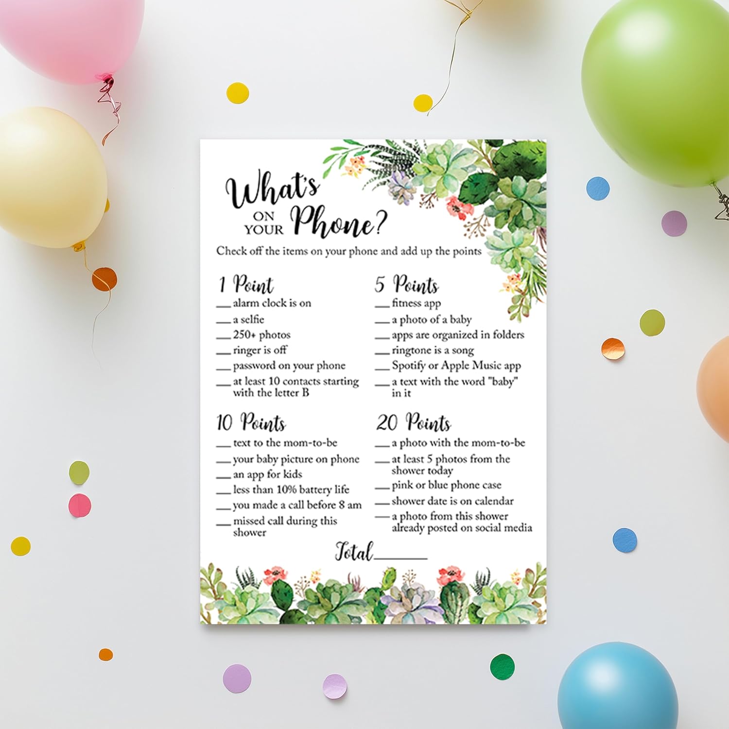 Succulents Baby Shower Games — What'S On Your Phone Game — Pack Of 25 — Gender Neutral Succulent Greenery Co-Ed Couples Shower Activity, Gender Reveal Party G300-Phn