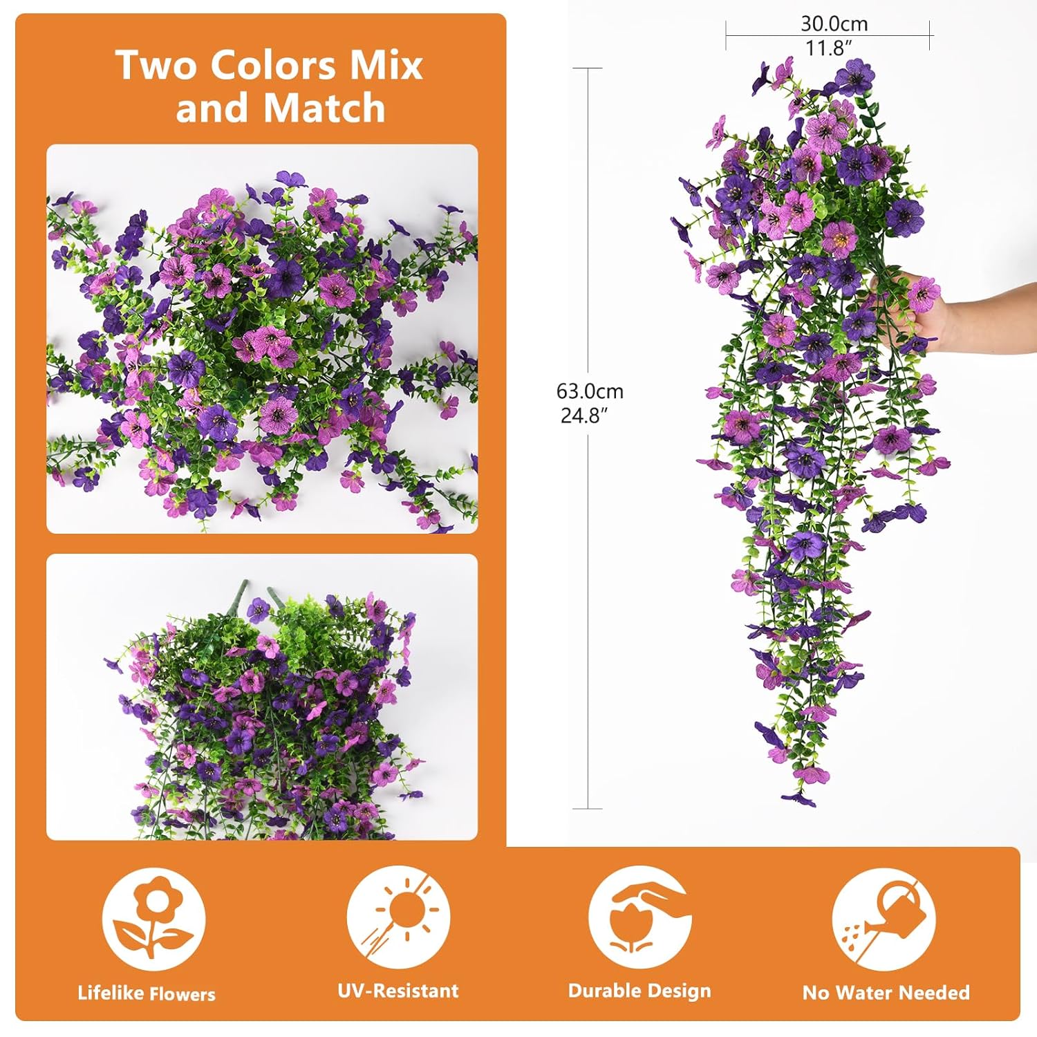 Artificial Hanging Flowers For Outdoors, 2 Pcs Fake Hanging Plant Spring Summer Decor, Uv Resistant No Fade Faux Silk Daisy Flower For Planter Front Door Porch Patio Yard Garden(Double Purple)