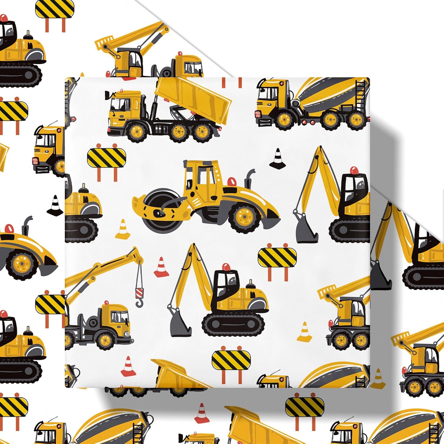 Construction Truck Wrapping Paper Roll For Boys, Mini Roll, Yellow Digger, Mixer, Crane Design Gift Wrap For Kids Birthday, Toddler Party, Vehicle Theme Party, 17 Inches X 16.4 Feet