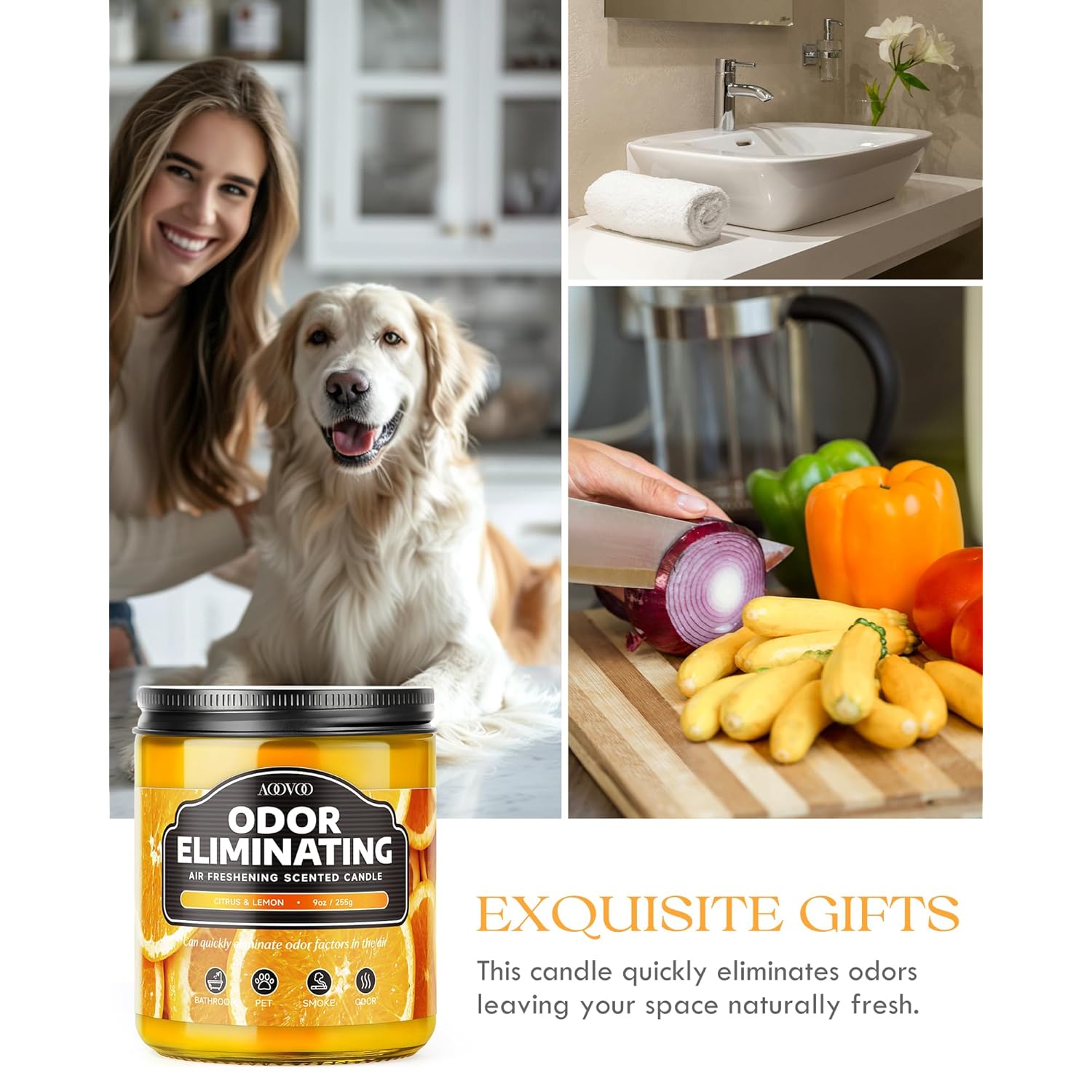 Citrus Lemon Odor Eliminating Highly Fragranced Candle - Eliminates 95% Of Pet, Smoke, Food, And Other Smells Quickly, Non Toxic Air Freshing Soy Candle, 9 Oz Up To 50 Hours Burn Time