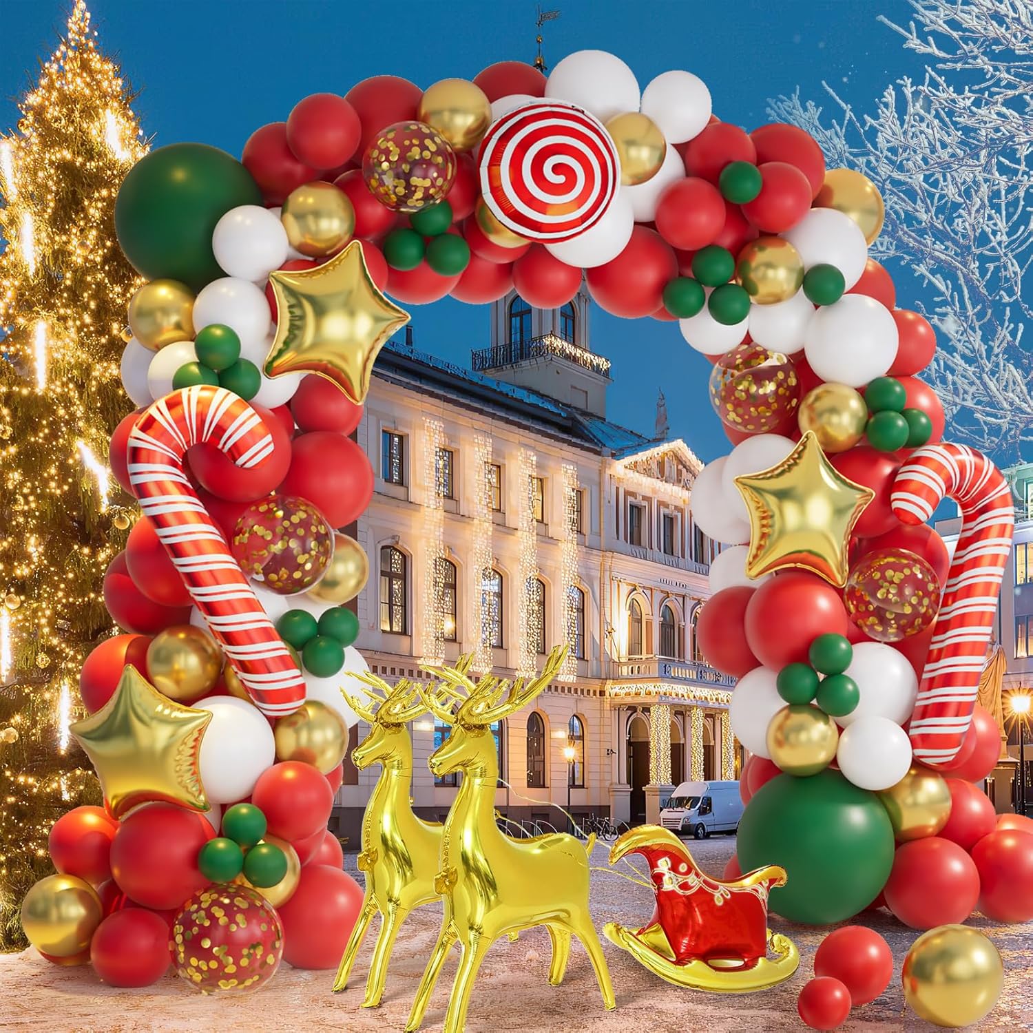138Pcs Christmas Balloon Garland Arch Kit With Red Green Gold White Balloons Candy Balloon Sequin Balloons Moose Sleigh Balloon For Christmas Party Decorations Supplies