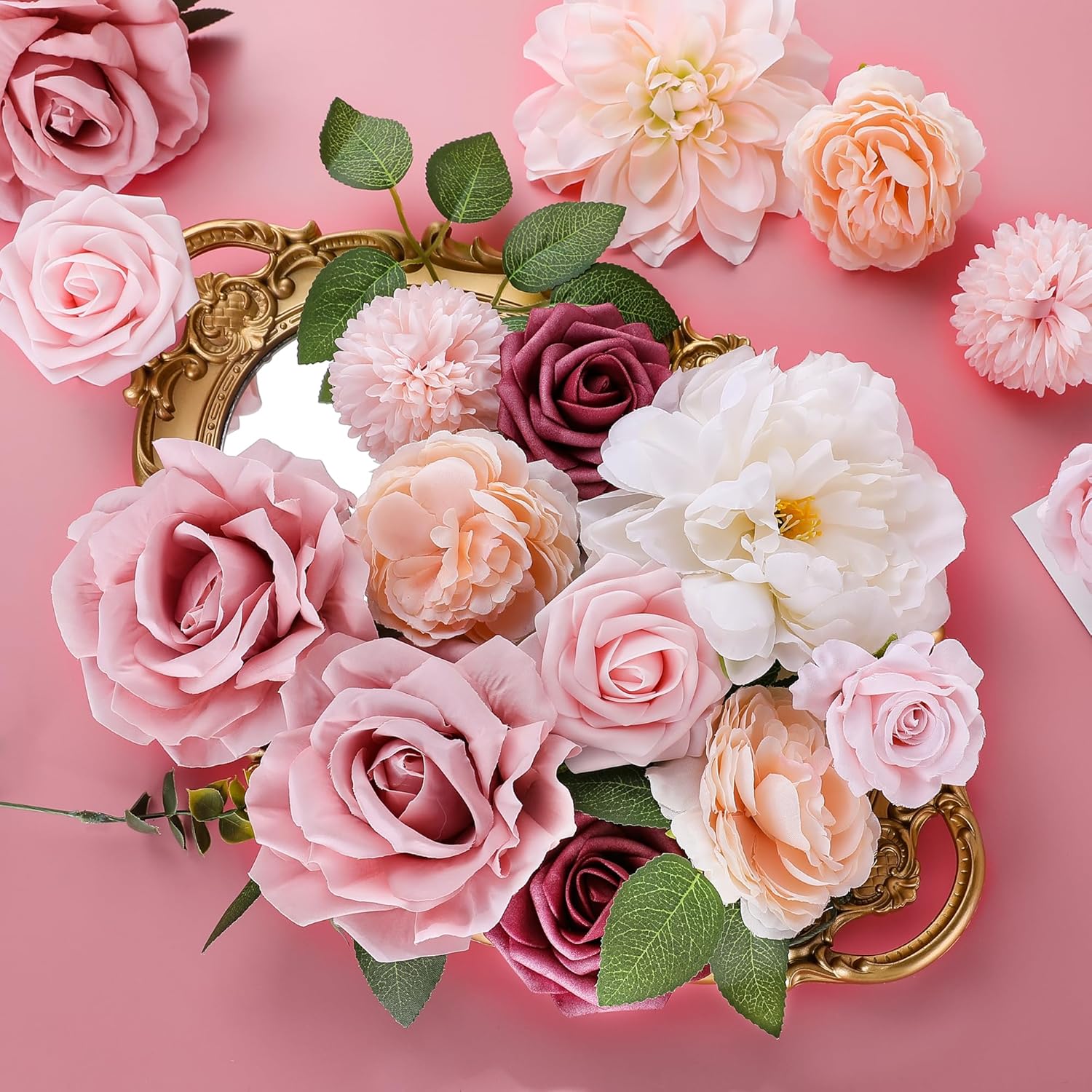 Rose Artificial Flowers Combo Fake Flowers Pink Roses Silk Flowers With Stems For Diy Bridal Wedding Bouquets Centerpieces Arrangements Table Party Baby Shower Home Decor (Champagne Pink)