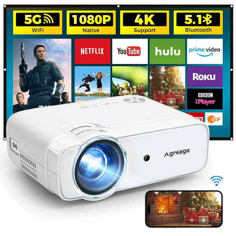 Projector With Wifi And Bluetooth, 5G Wifi Projector With Screen, Native 1080P