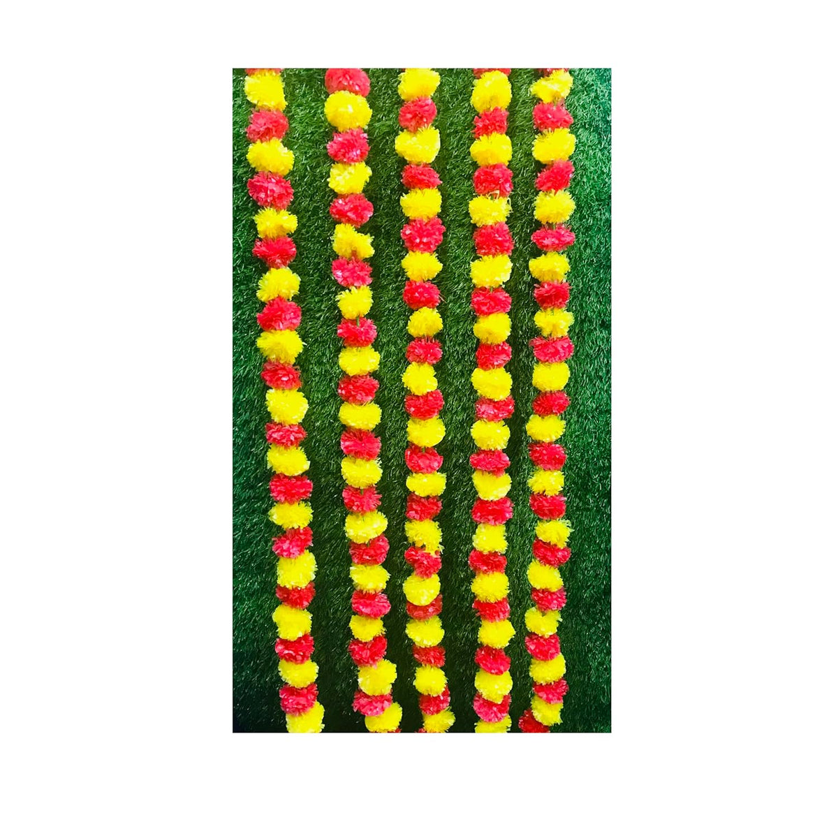 5 Pc - 5 Feet Artificial Marigold Garland Indian/American Wedding Party, Faux Garlands Wedding Garland, Diwali Decoration, Mantle Decoration, Diwali, Spring Bush Floral! (Magenta And Yellow)