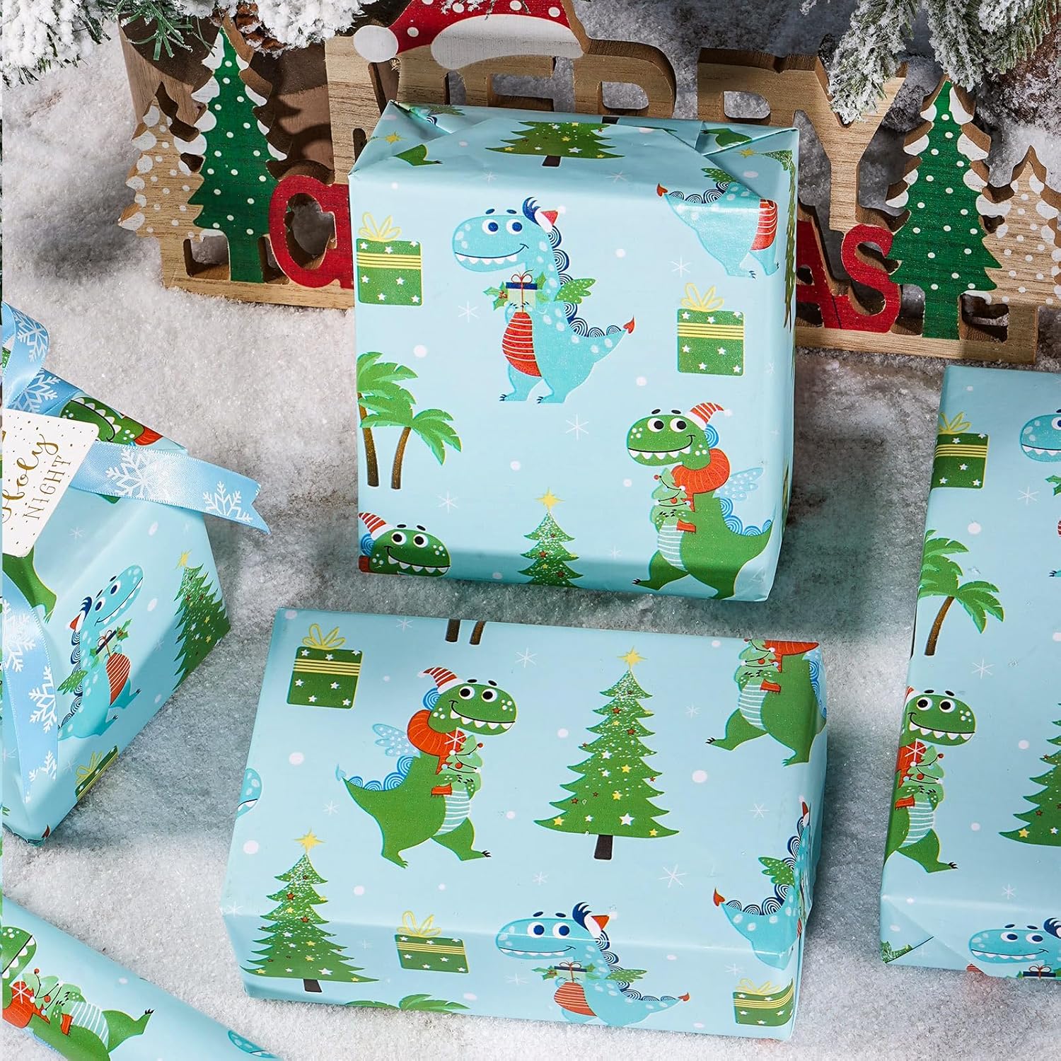 Christmas Dino Wrapping Paper Roll For Kids Boys, Cute Cartoon Dinosaur Gift Wrap With Presents Trees For Christmas Holiday, Party Decor, Mini Roll 17 In X 16.4 Feet