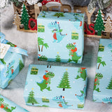 Christmas Dino Wrapping Paper Roll For Kids Boys, Cute Cartoon Dinosaur Gift Wrap With Presents Trees For Christmas Holiday, Party Decor, Mini Roll 17 In X 16.4 Feet