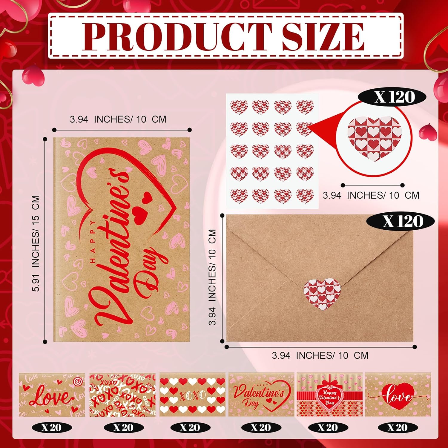 120 Sets Valentine'S Day Cards With Envelopes Stickers Bulk Assortment Foldable Love Heart Greeting Cards Red Pink Envelopes For Valentine'S Day Anniversary Wedding (Classic Style)