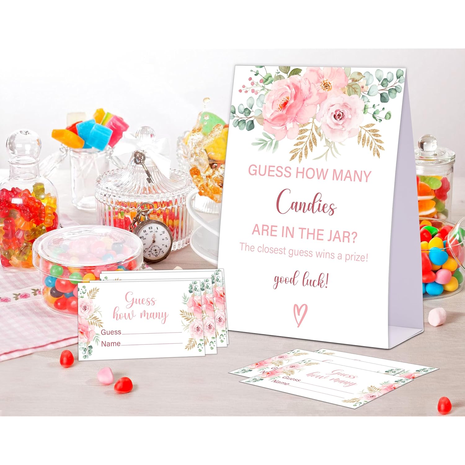 Blush Pink Floral Baby Shower Game, Guess How Many Candies Are In The Jar, Pack Of 1 Sign And 50 Guessing Cards, Baby Shower Decoration, Gender Neutral - 02