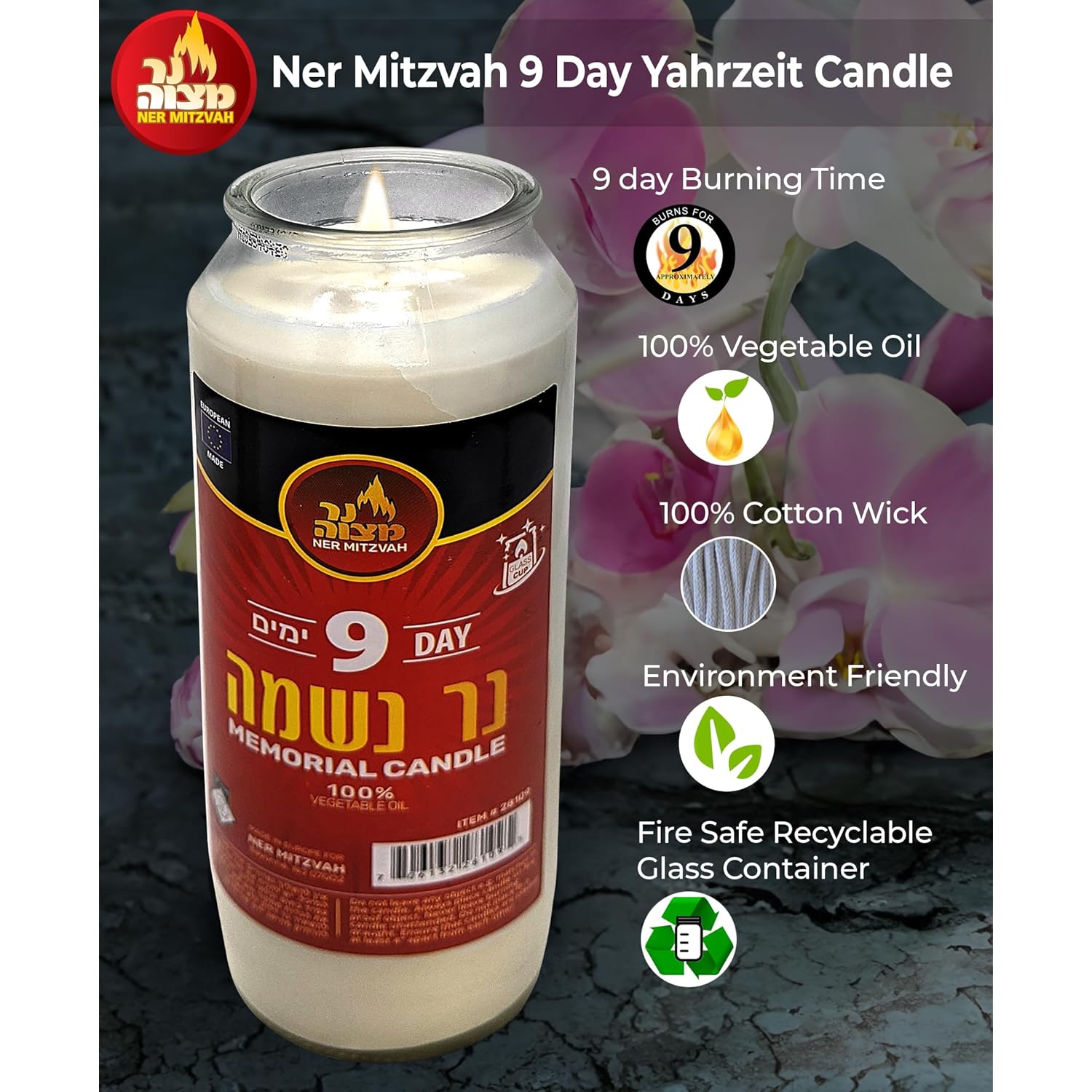 Ner Mitzvah 9 Day Yahrzeit Candle - 1 Pack Kosher White Yahrzeit Memorial Candles - Yom Kippur and Holiday Candle in Glass Jar - 100% Vegetable Oil Wax Prayer Candle