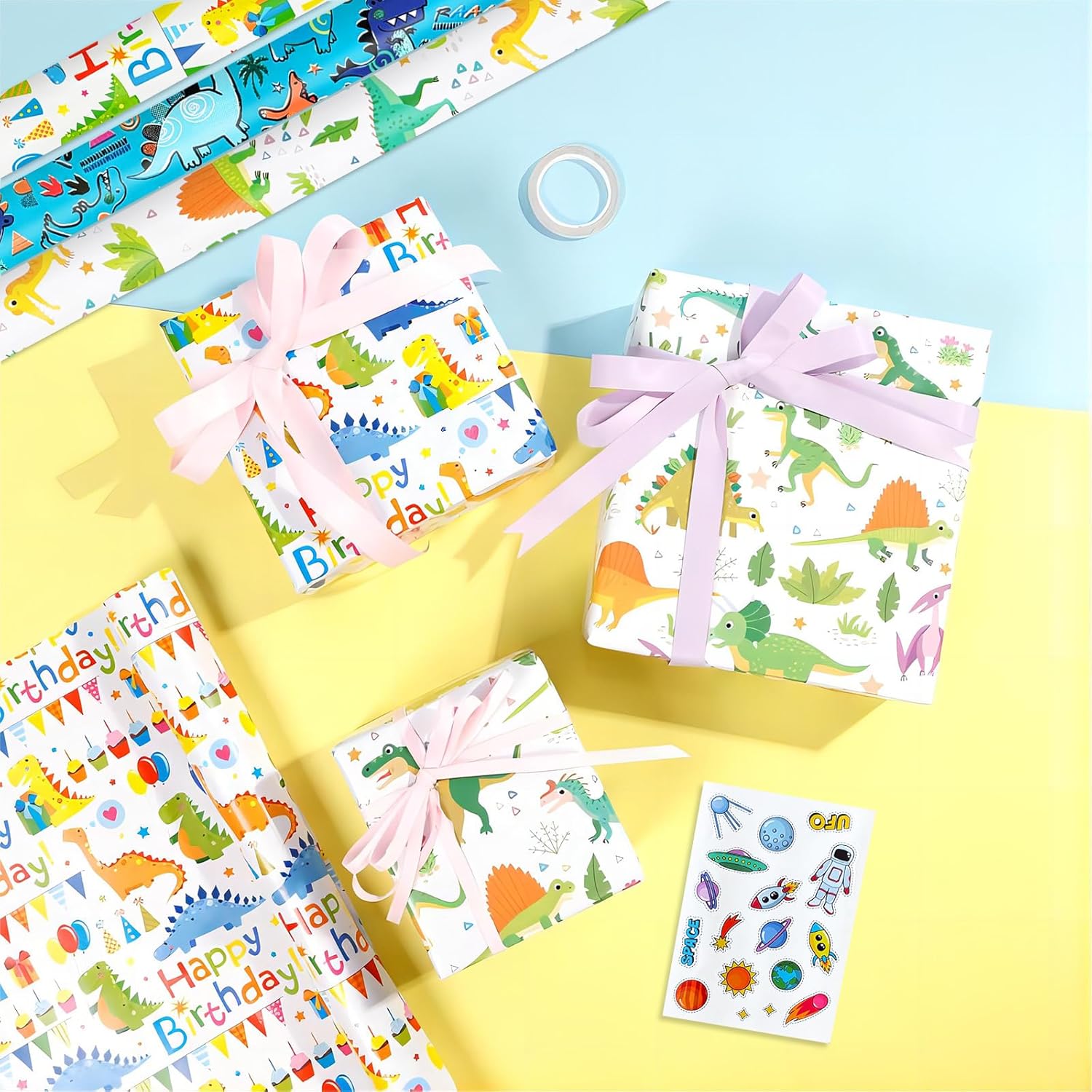 Happy Birthday Dinosaur Wrapping Paper - 3 Rolls, 17" X 120" Each, Packing Paper, Gift Wrap, Dinosaur Party Favor, Birthday Wrap For Girls & Boys, Baby Shower