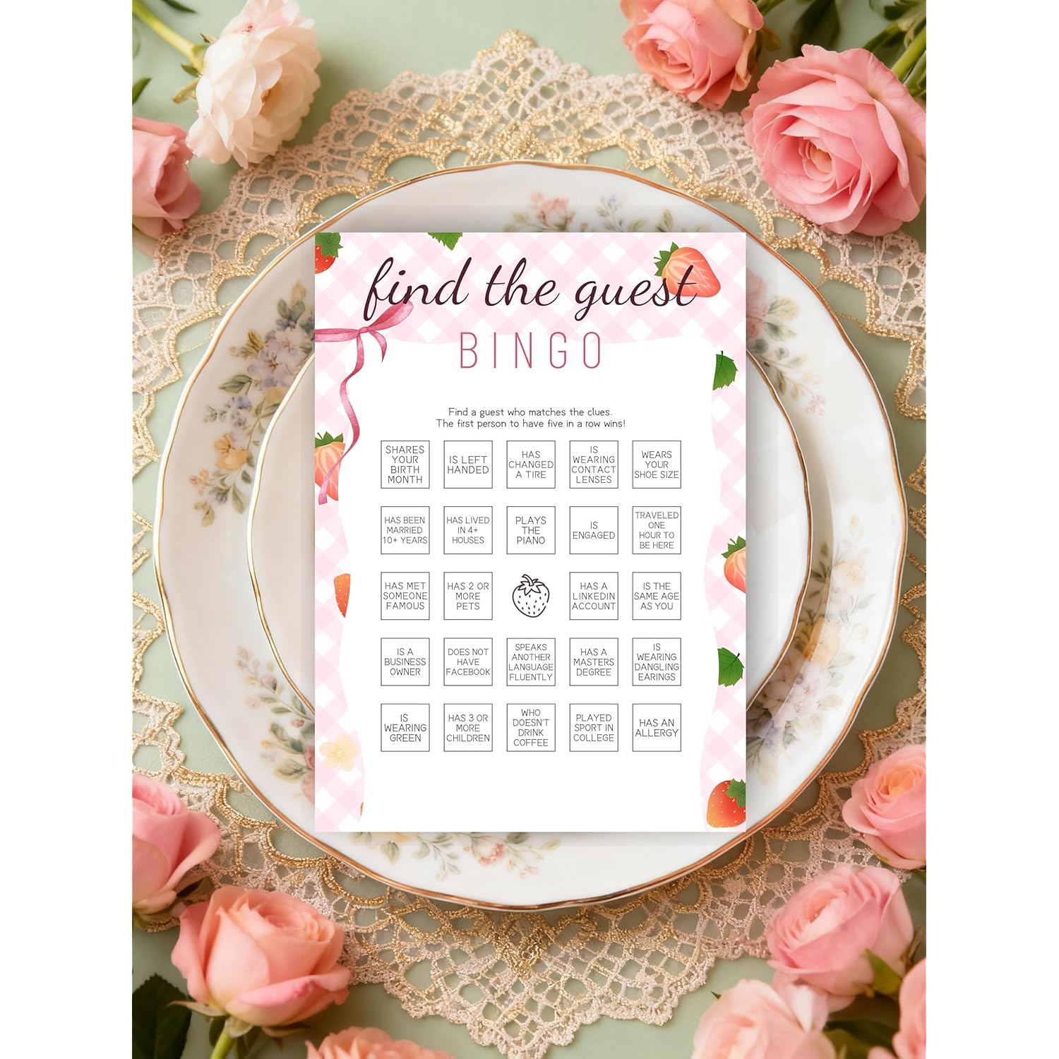 30Pcs Strawberry Baby Shower Games, Pink Gingham Berry Find The Guest Bingo Game, Gender Reveal Game, Berry Sweet Baby Shower Decorations