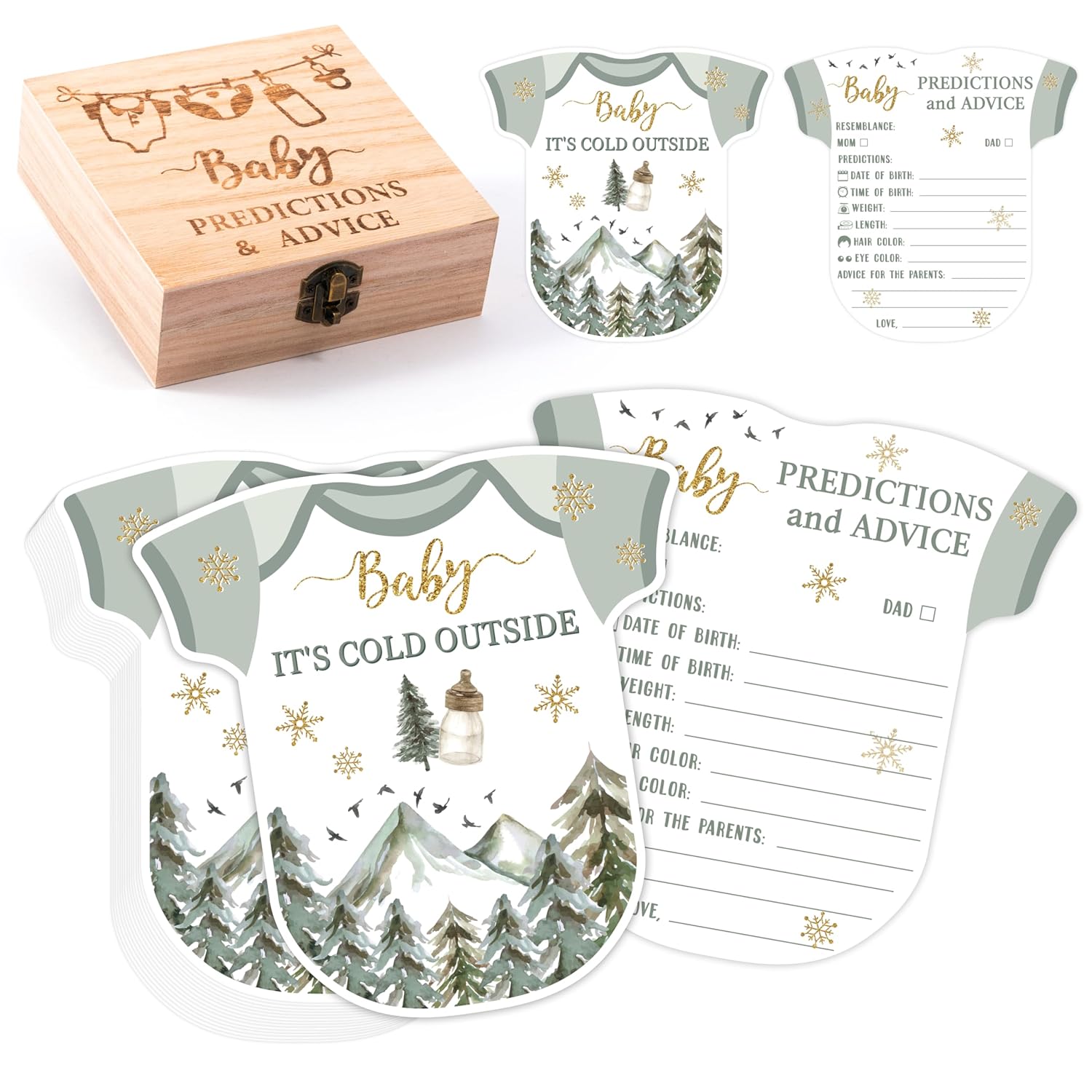 Winter Adventure Baby Shower Game - 50Pcs Baby It'S Cold Outside Winter Wonderland Snowflake Advice & Prediction Cards With Wooden Keepsake Box For Christmas Party Decor Supplies Gift