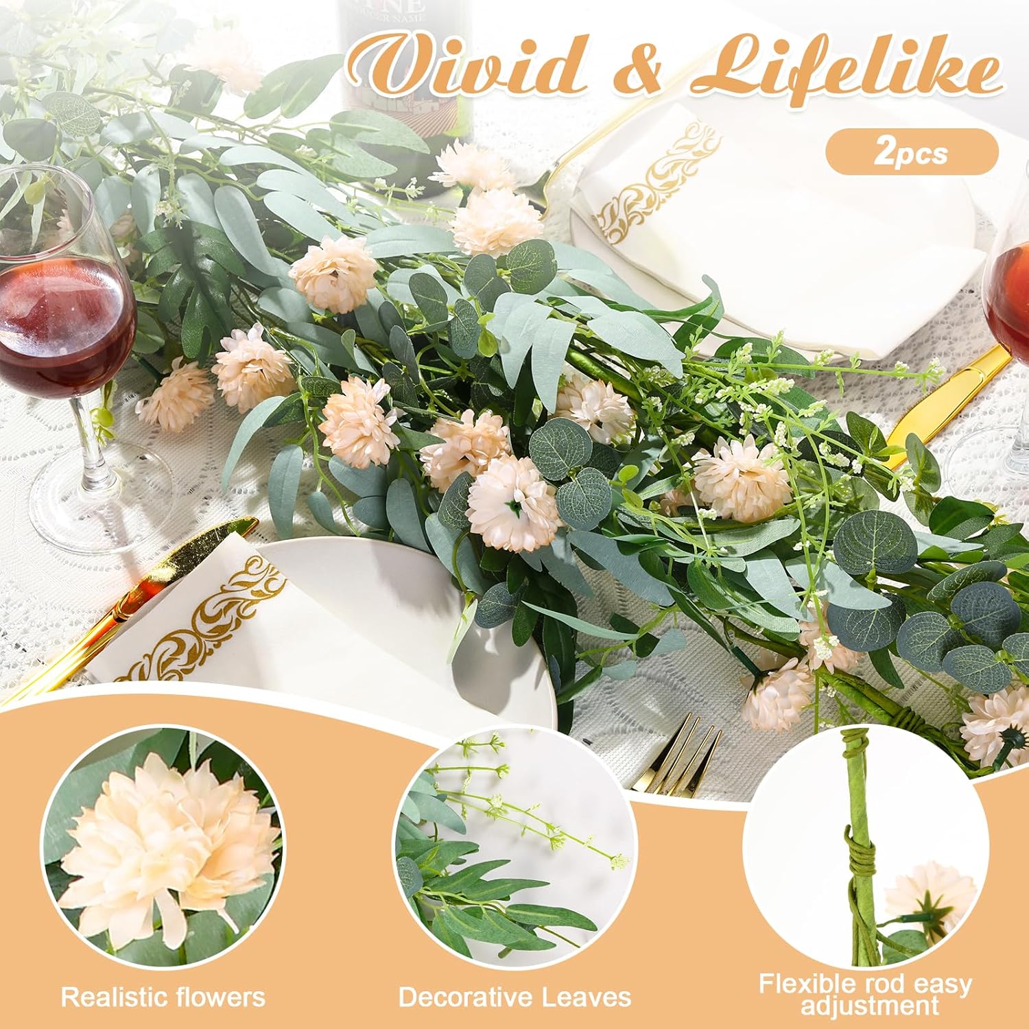 1 Pcs 6 Ft Artificial Flower Garland With Chrysanthemum And Eucalyptus 22 Inch Beige Floral Summer Garland For Wedding Porch Stair Table Centerpieces Baby Shower Birthday Decor