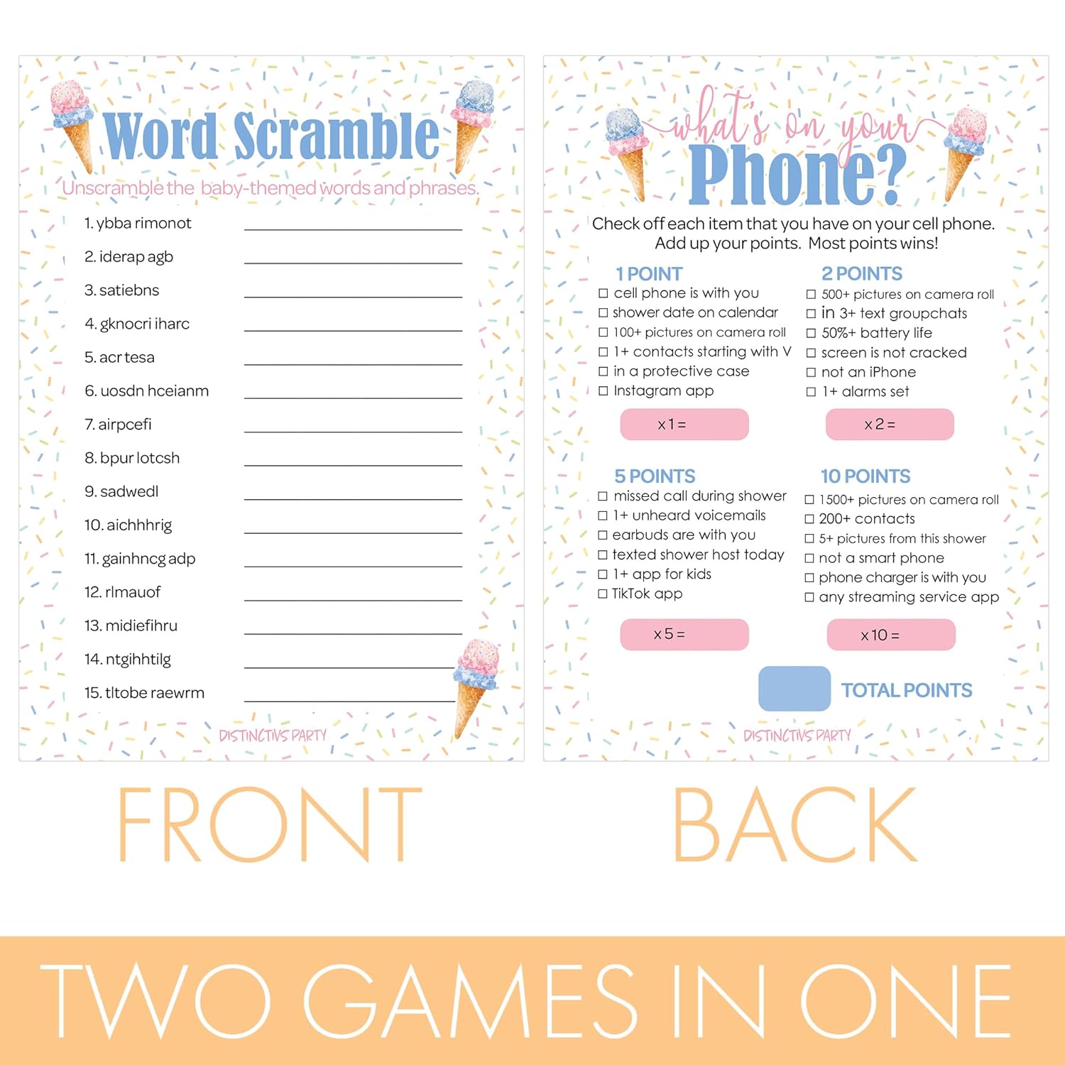What'S The Scoop Gender Reveal Party 2 Game Bundle - What'S On Your Phone And Word Scramble - 20 Dual Sided Cards, Here'S The Scoop Ice Cream Baby Shower
