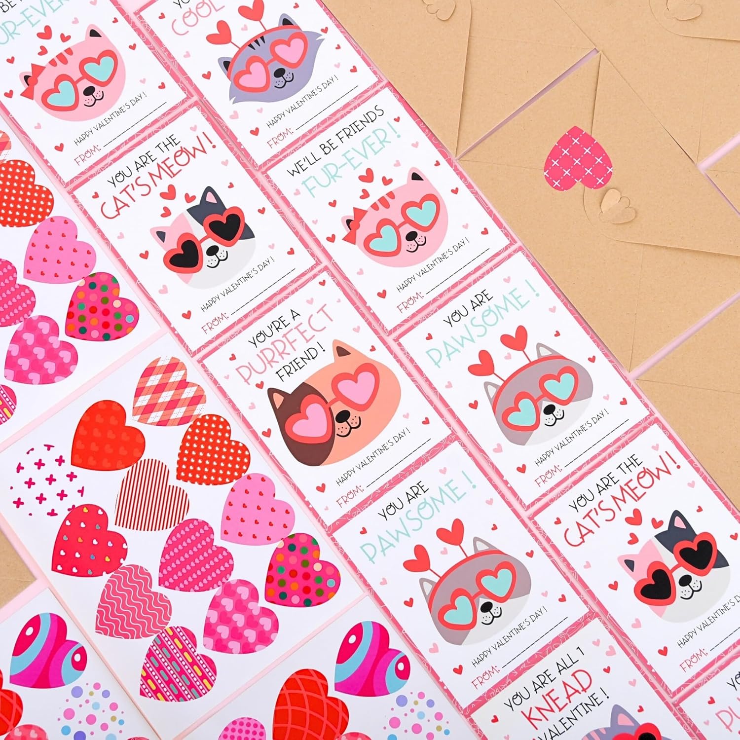 Cat Valentines Cards Kids Classroom - 48 Pack Funny Valentines Day Class Exchange Greeting Cards With Envelopes & Heart Stickers, 4.7 * 3.6 Inch