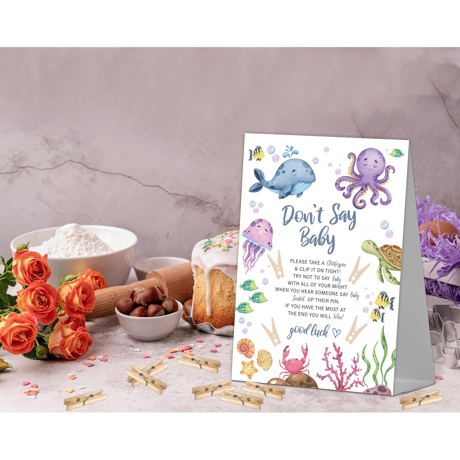 Don'T Say Baby Game Sign For Ocean Under The Sea Shower (1 Sign + 50 Mini Clothespins) - Gender Reveal Party Decorations And Favors Supplies (Mq-1-9)