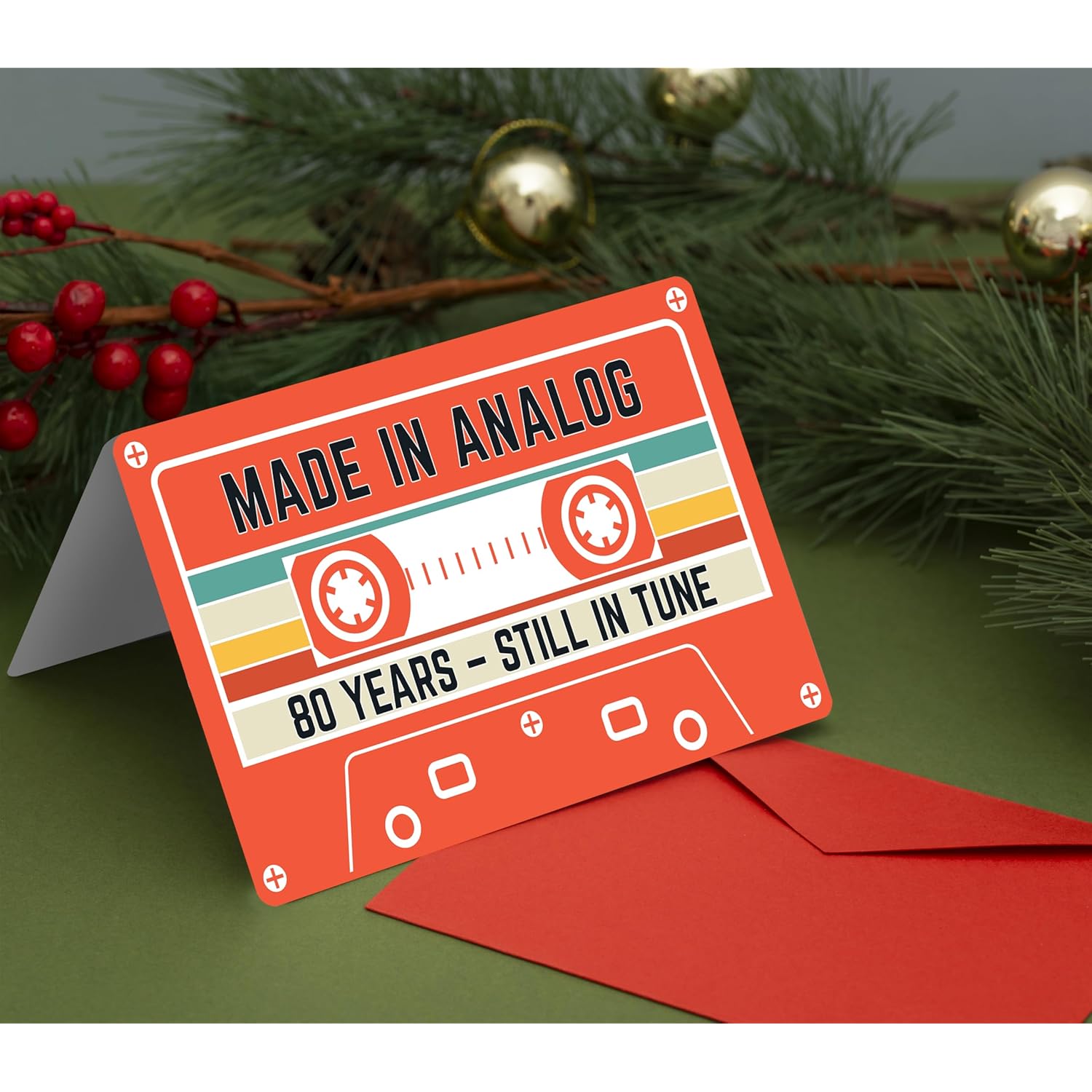80Th Birthday Card – Retro Cassette Tape Design – Made In Analog, Still In Tune – 80 Year Old Gifts For Him Or Her – Folded Card 4.5X7Inch With Red Envelope, Sticker - Sweet Decorations For Him, Her