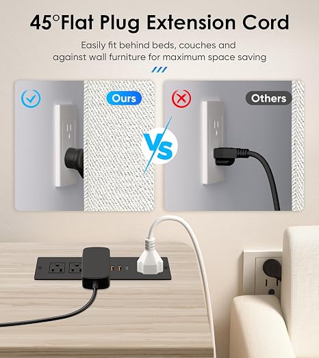 Recessed Power Strip Flush Mounted Drawer Outlet 4 Outlets USB-C 6FT Cord