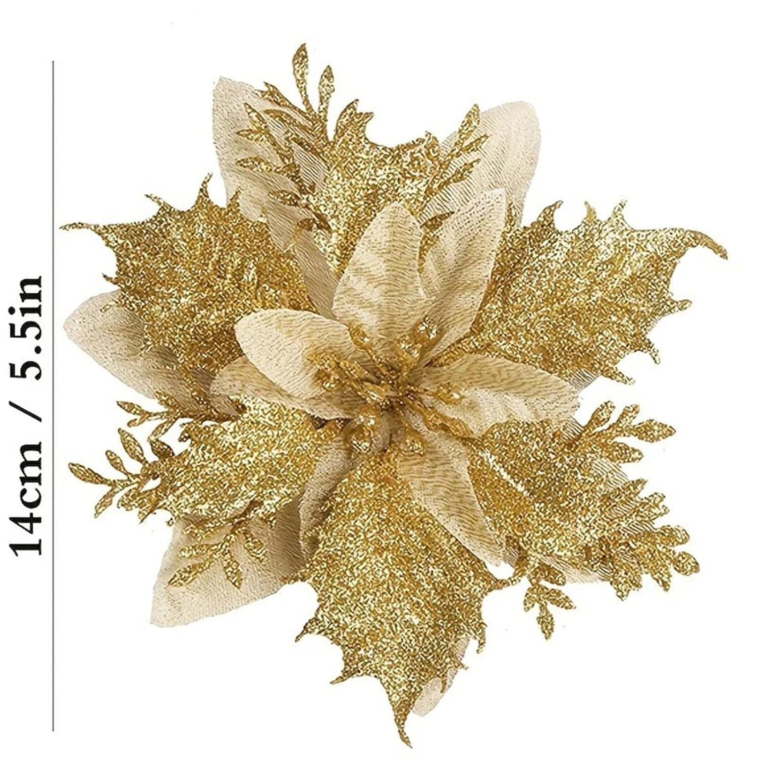 12 Pcs Gold Poinsettia Flower Artificial Poinsettias With Clips, Xmas Flower Decor With Stems, Glitter Poinsettia Christmas Ornaments, Diy Xmas Wreath Christmas Tree Decorations Home Party Decors
