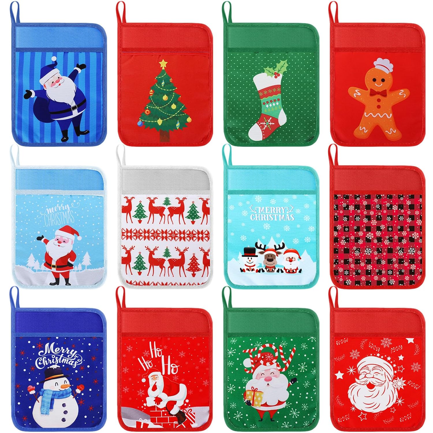 12 Pcs Christmas Pot Holders With Pocket Funny Pot Holders For Kitchen Hot And Oven Mitts Holiday Potholder Neighbor Gift Cookie Bag For Coworker Teacher Baking Cooking(Christmas, Red)