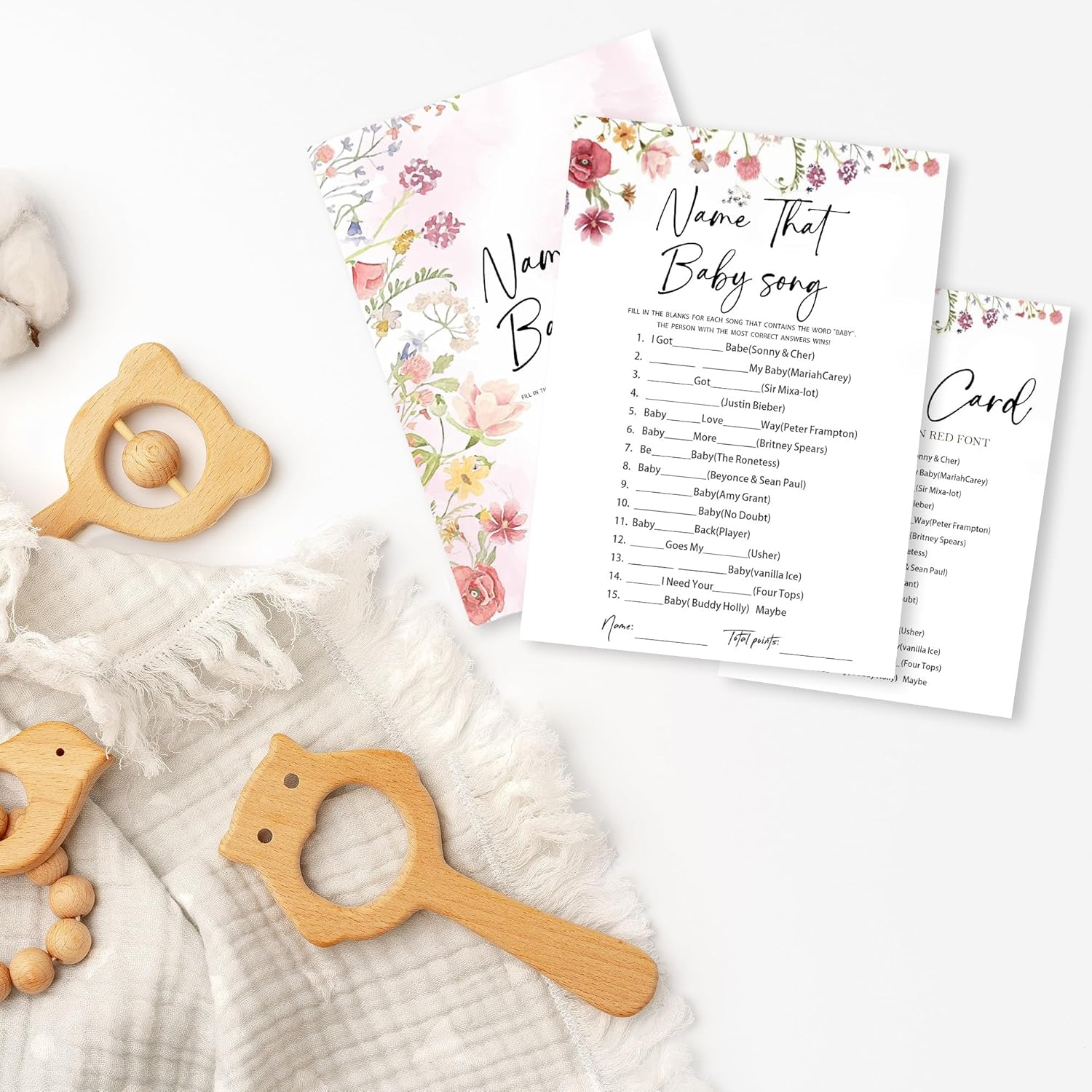 Floral Fill In Baby Shower Game Cards - Name That Baby Song Game For Boys & Girls - Watercolor Flowers Gender Reveal Party Activities For New Parents To Be - B08