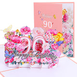 Happy 90Th Birthday Card, 3D Floral Pop Up 90Th Birthday Cards For Women Wife Mom Sister Friend, Elegant Greeting Cards Birth Day Gifts Includes Blank Envelope, 5" X7"