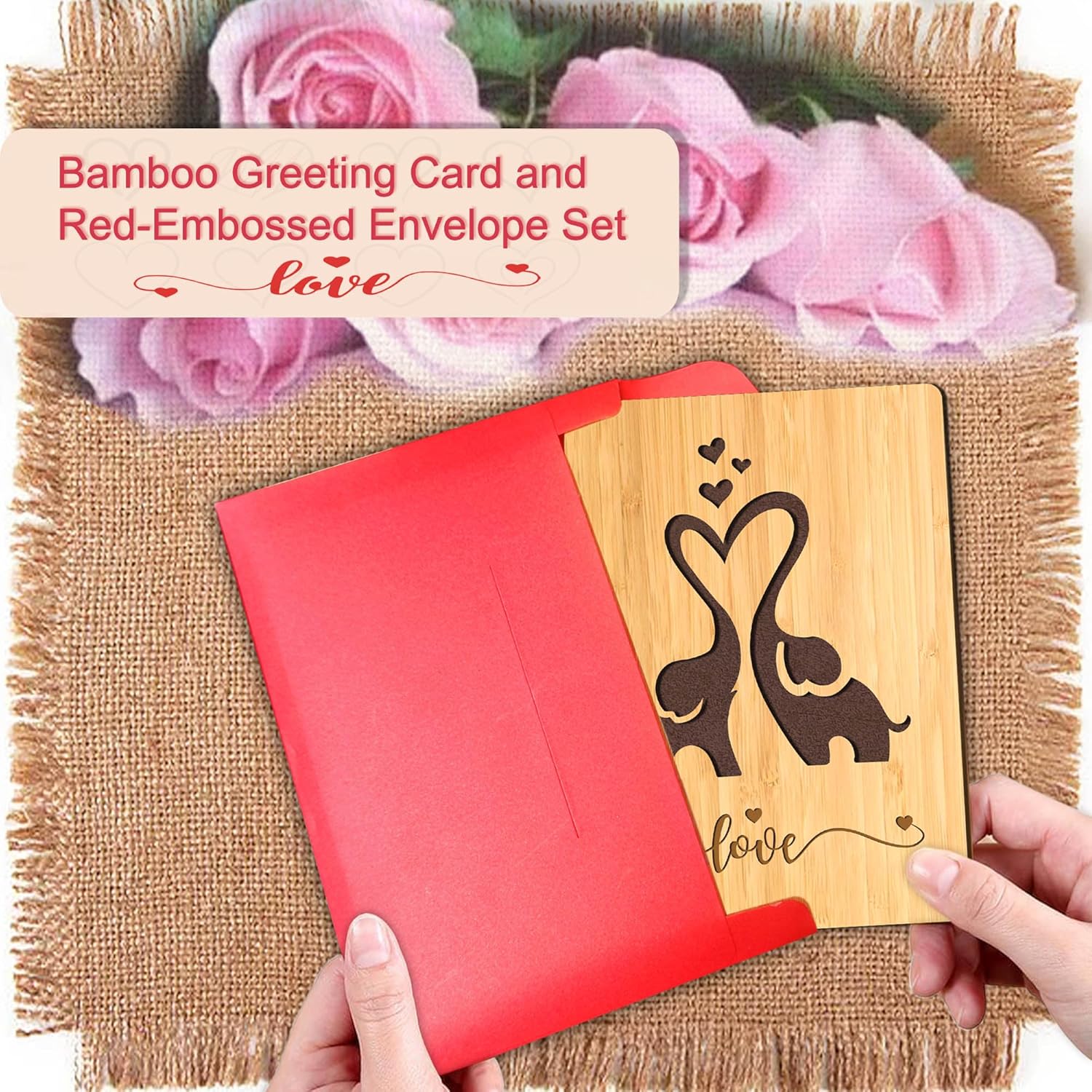 Handmade Wooden Bamboo Greeting Cards With Elephants For Wife Husband Girlfriend Her Him Anniversary Birthday Wedding Sustainable Use